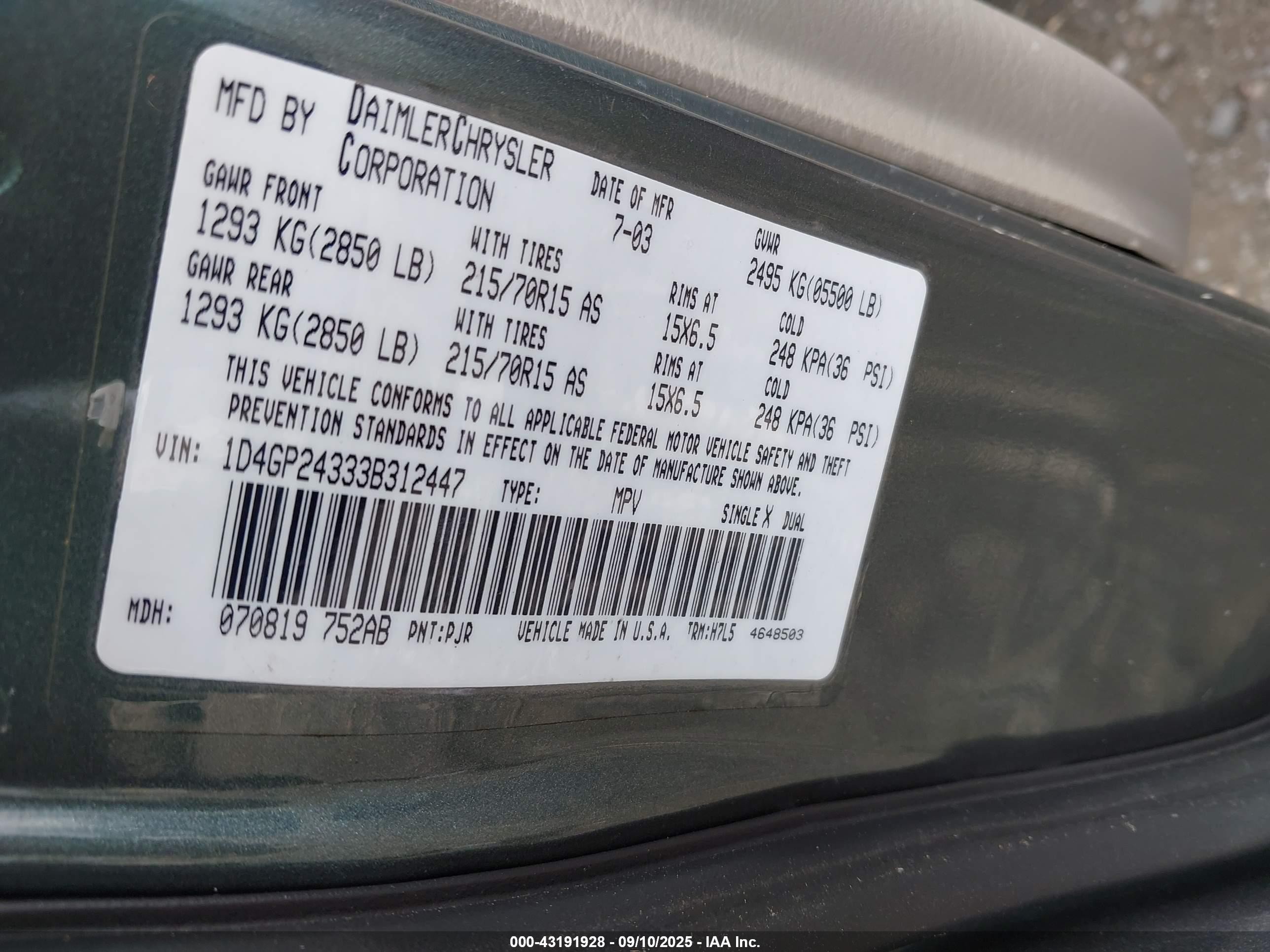 2003 Dodge Grand Caravan Se Green vin: 1D4GP24333B312447
