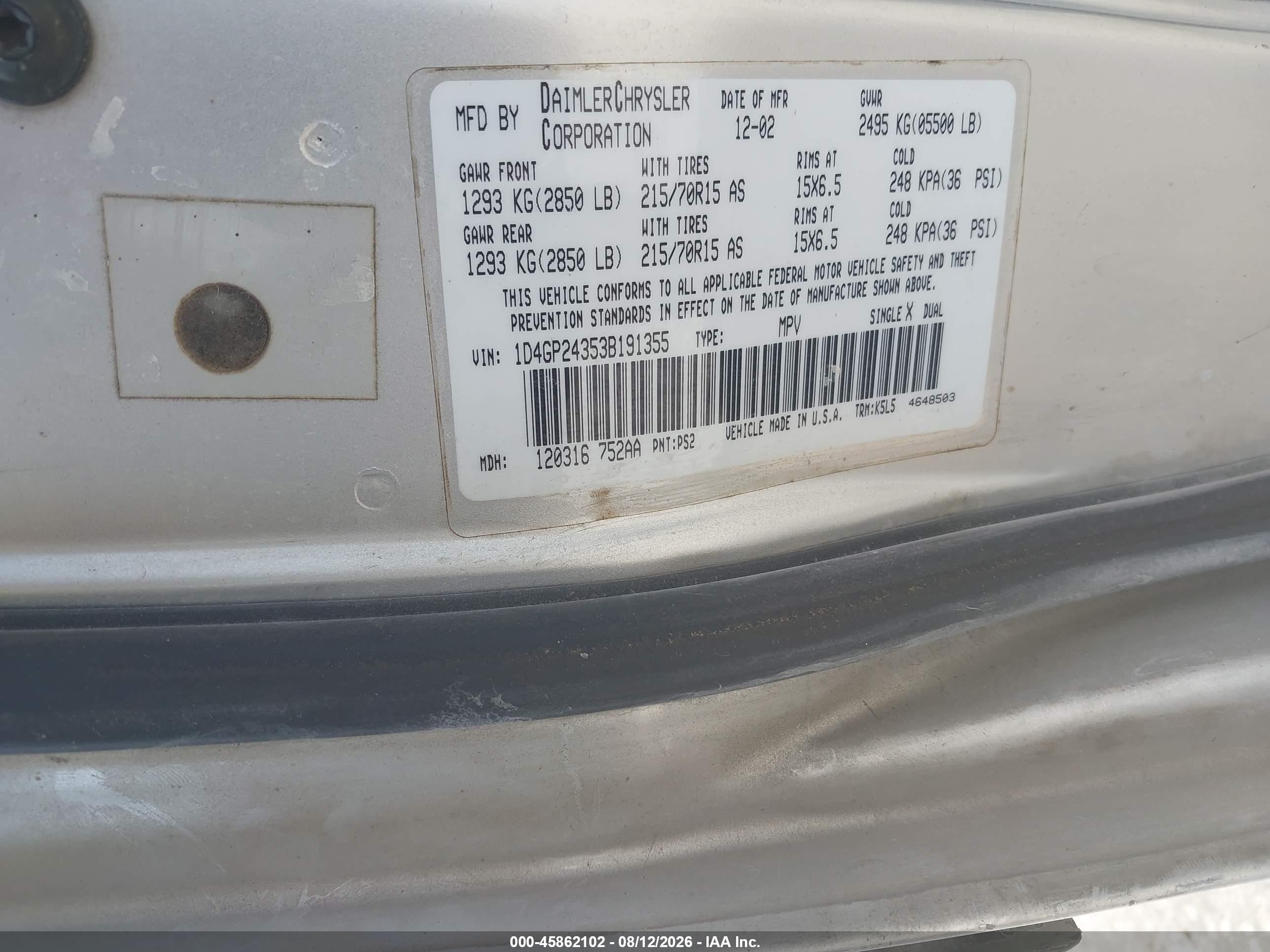 2003 Dodge Grand Caravan Se Silver vin: 1D4GP24353B191355
