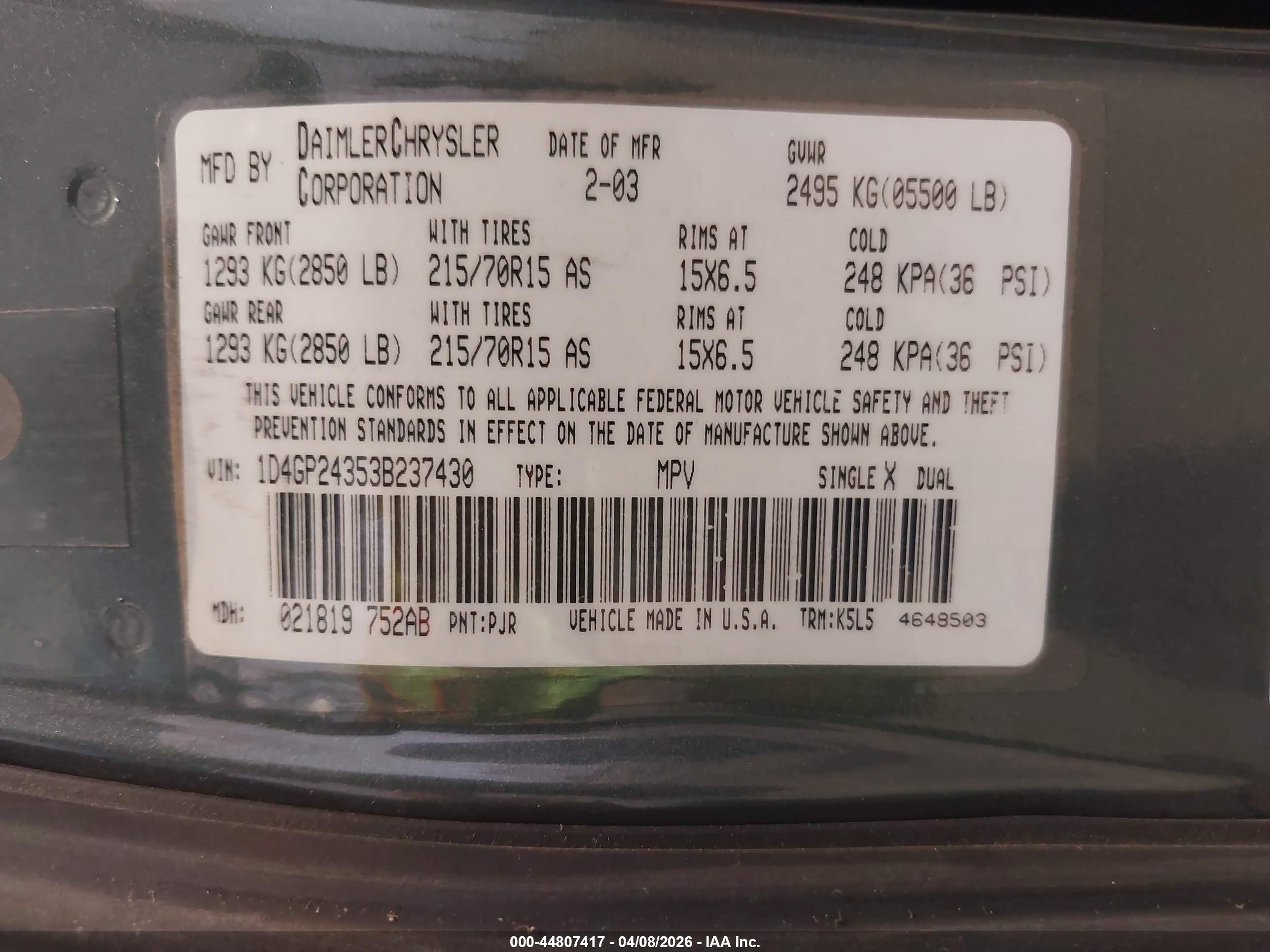2003 Dodge Grand Caravan Se Gray vin: 1D4GP24353B237430