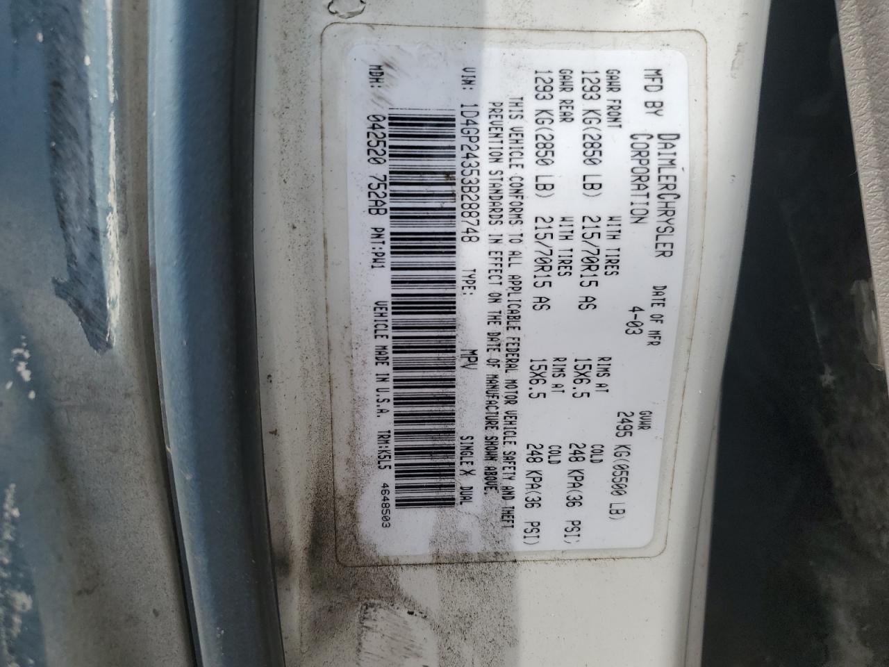 2003 Dodge Grand Caravan Se Синий vin: 1D4GP24353B288748
