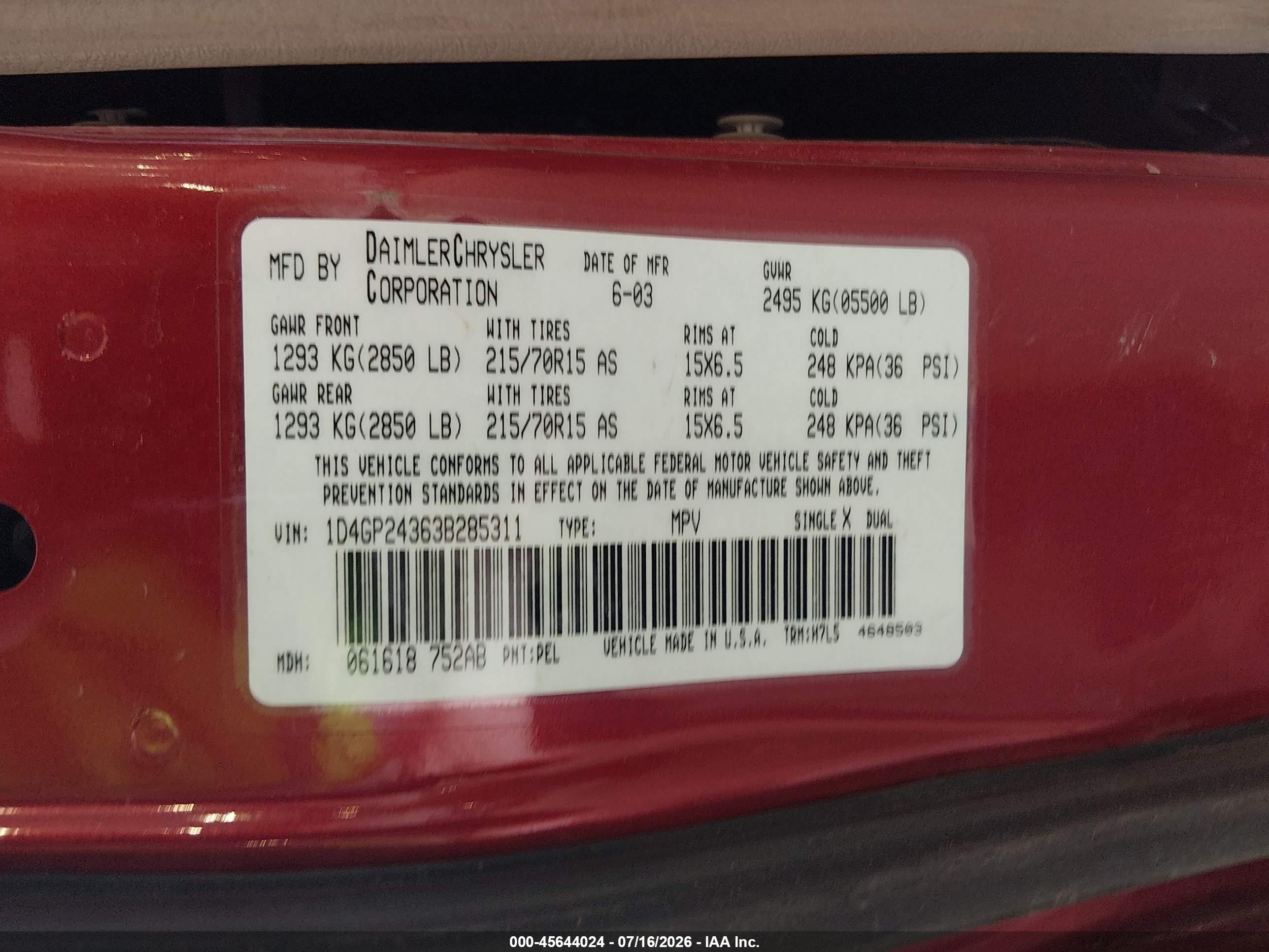 2003 Dodge Grand Caravan Se Red vin: 1D4GP24363B285311