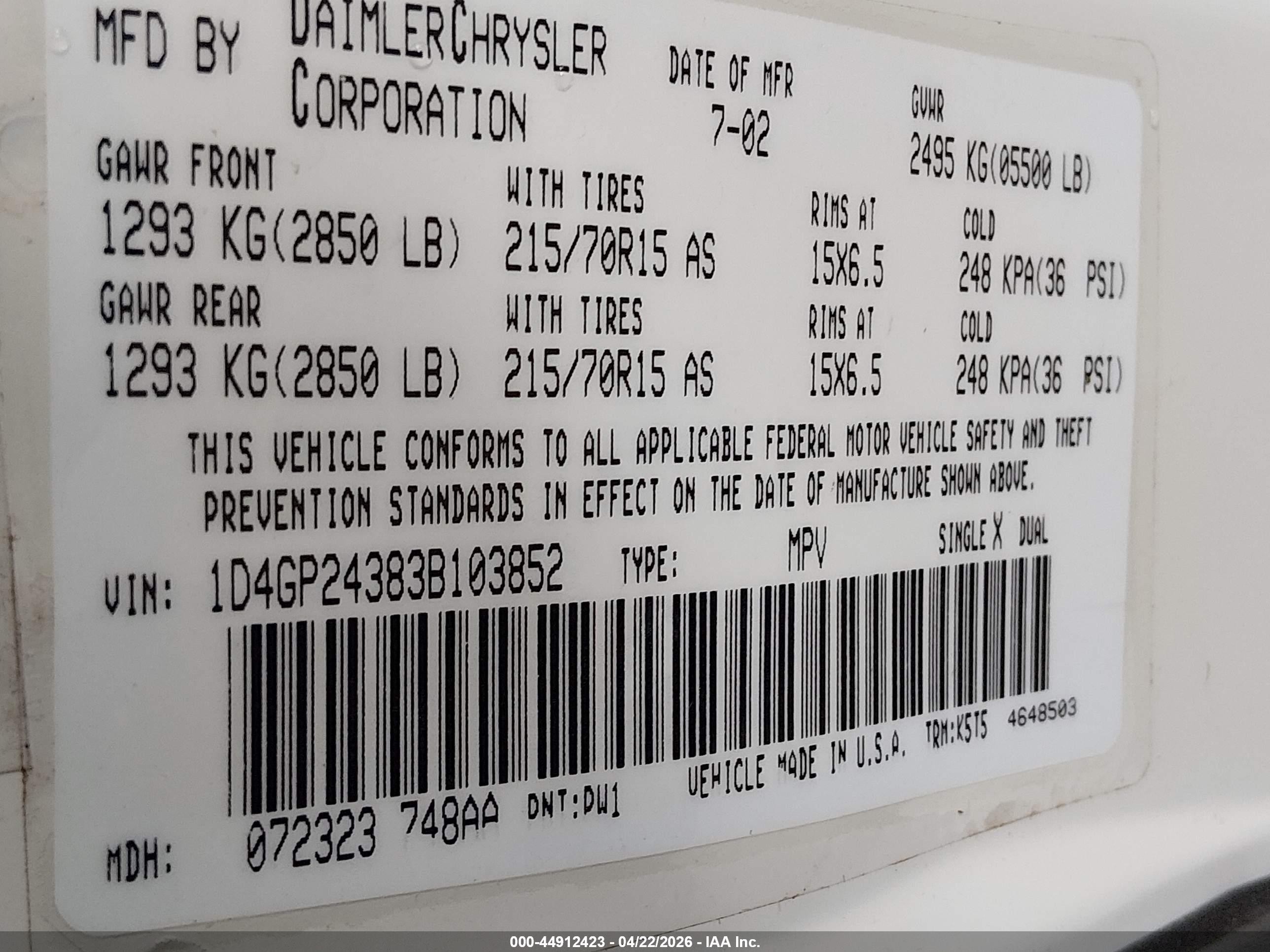 2003 Dodge Grand Caravan Se White vin: 1D4GP24383B103852