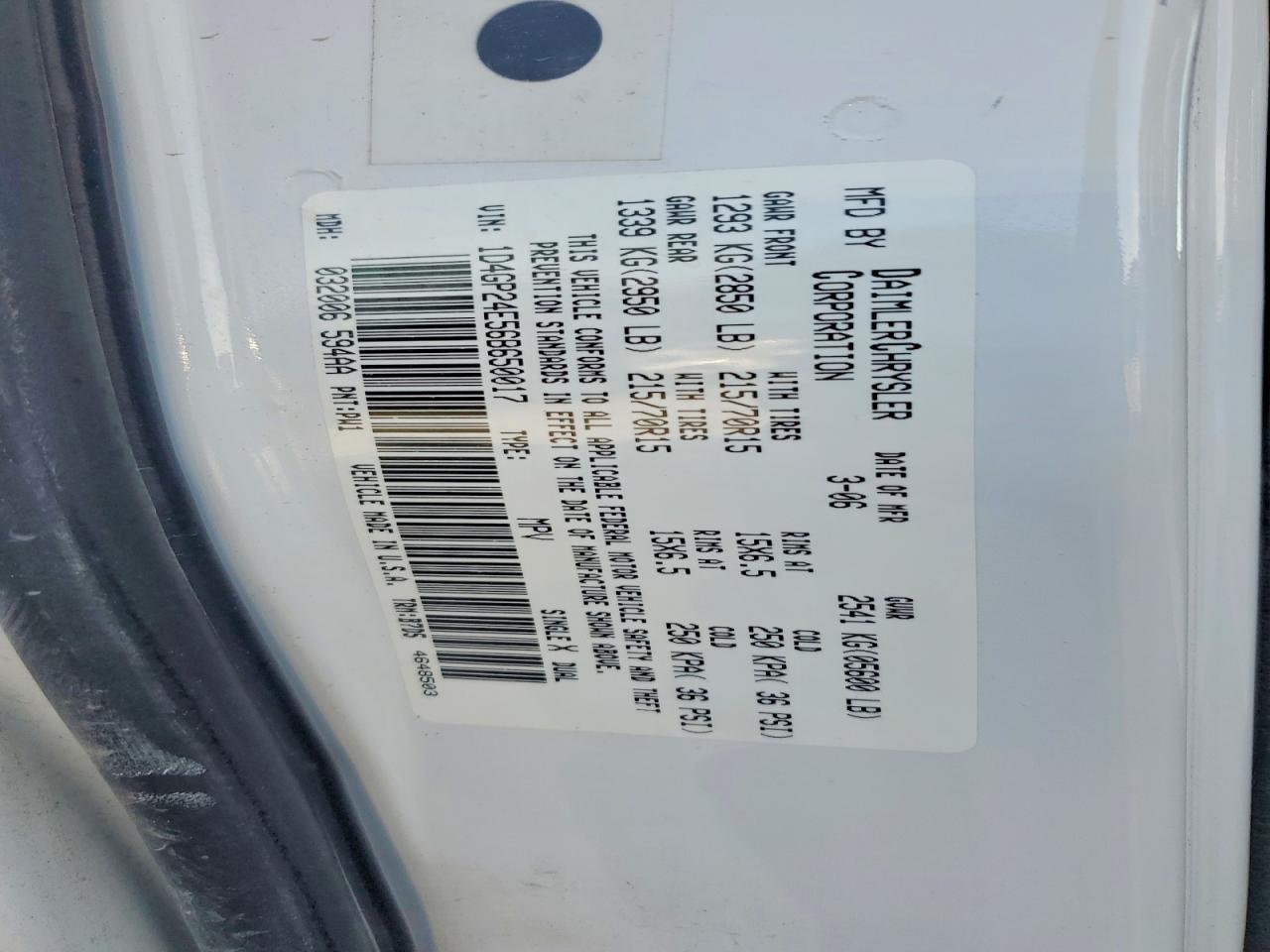 2006 Dodge Grand Caravan Se White vin: 1D4GP24E56B650017