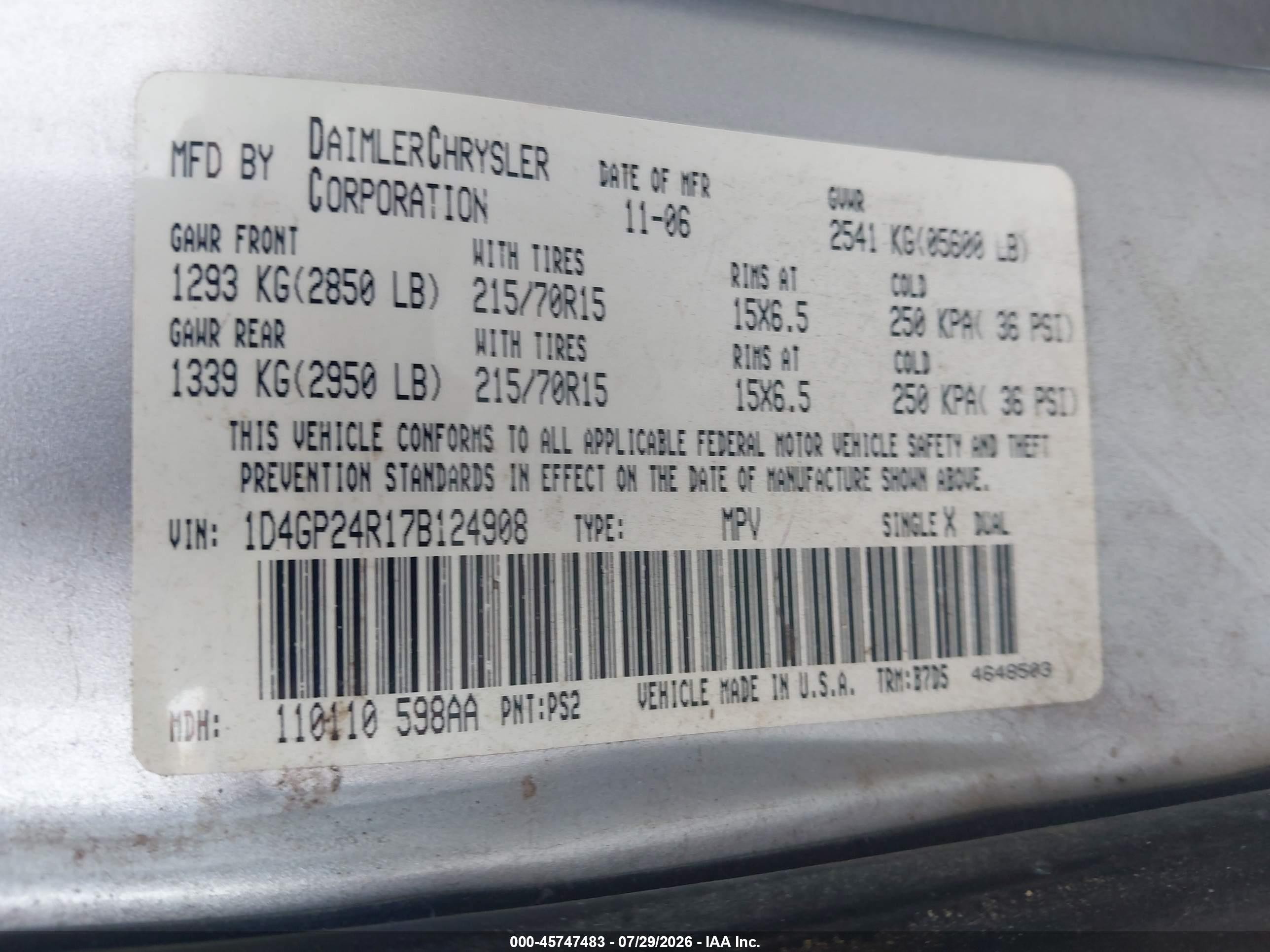 2007 Dodge Grand Caravan Se Silver vin: 1D4GP24R17B124908