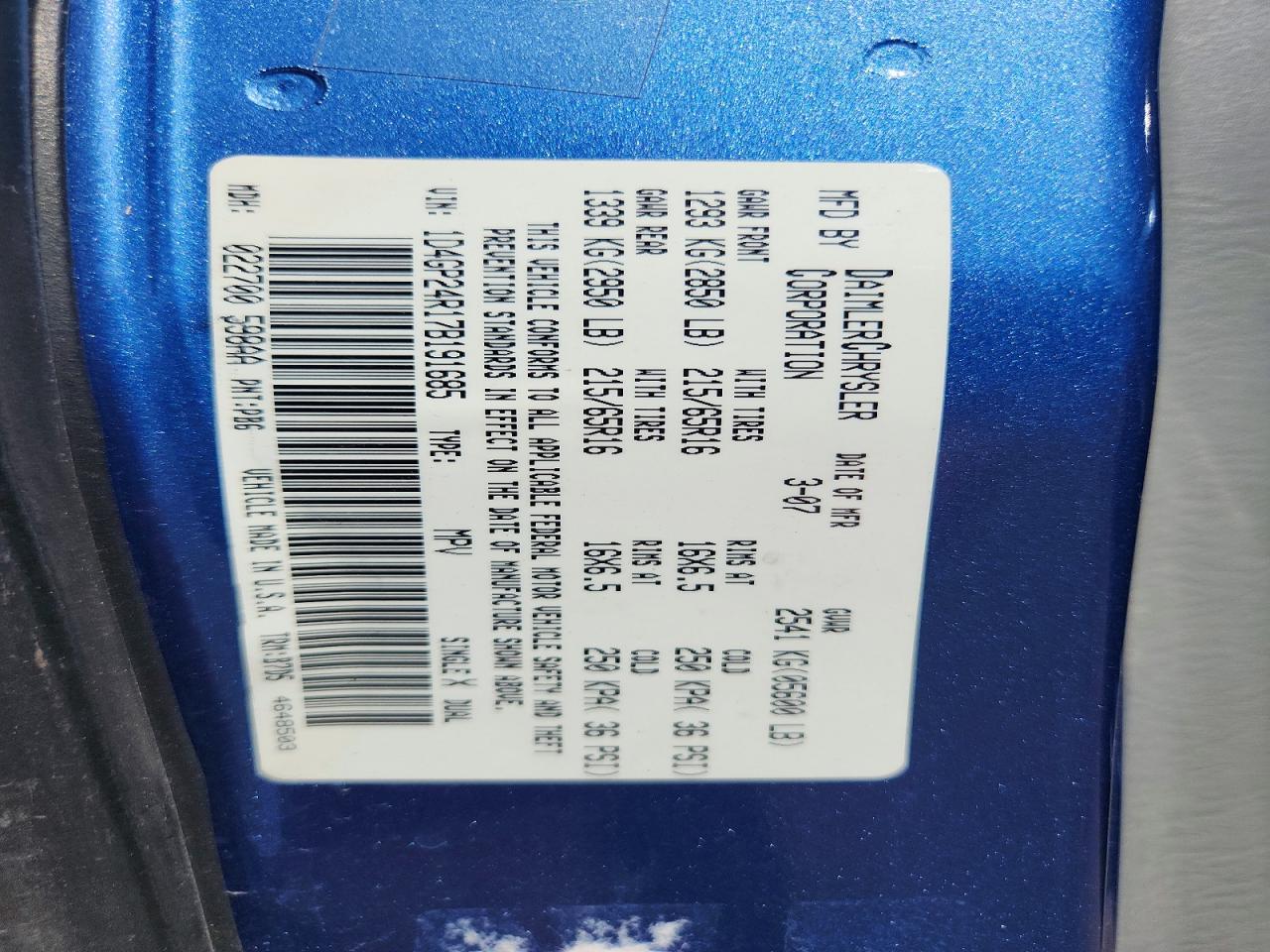 2007 Dodge Grand Caravan Se Blue vin: 1D4GP24R17B191685