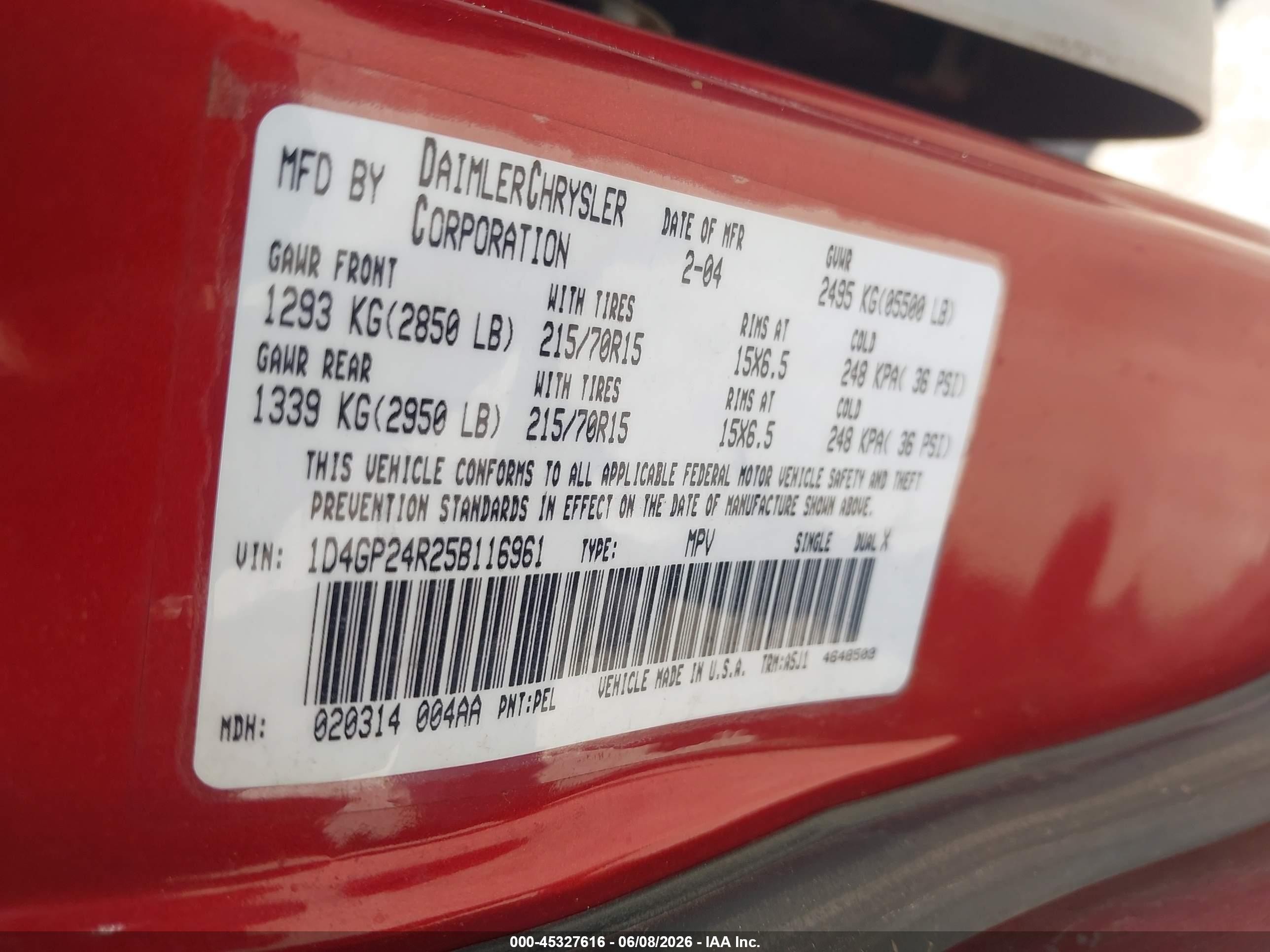 2005 Dodge Grand Caravan Se Red vin: 1D4GP24R25B116961