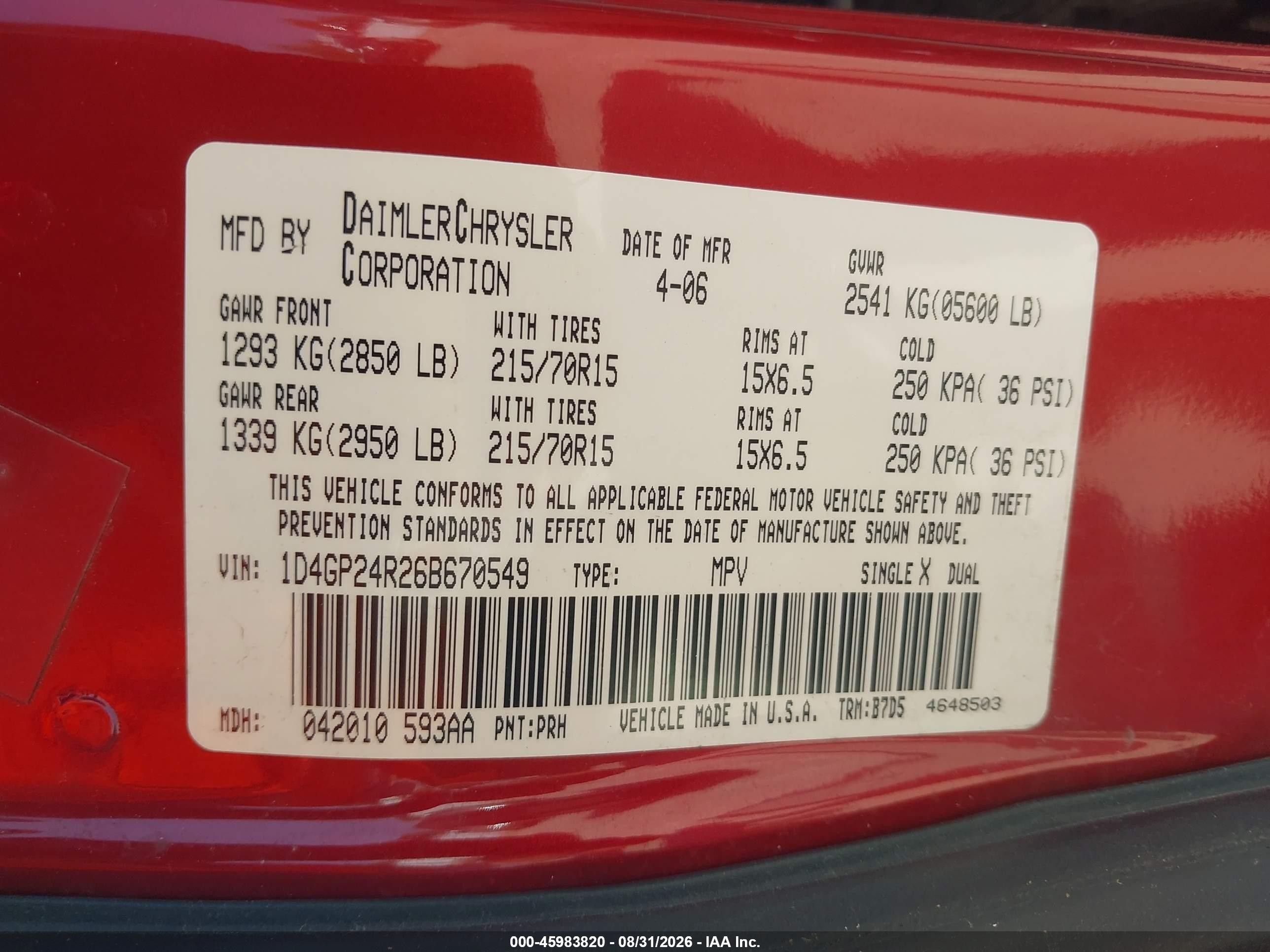 2006 Dodge Grand Caravan Se Red vin: 1D4GP24R26B670549