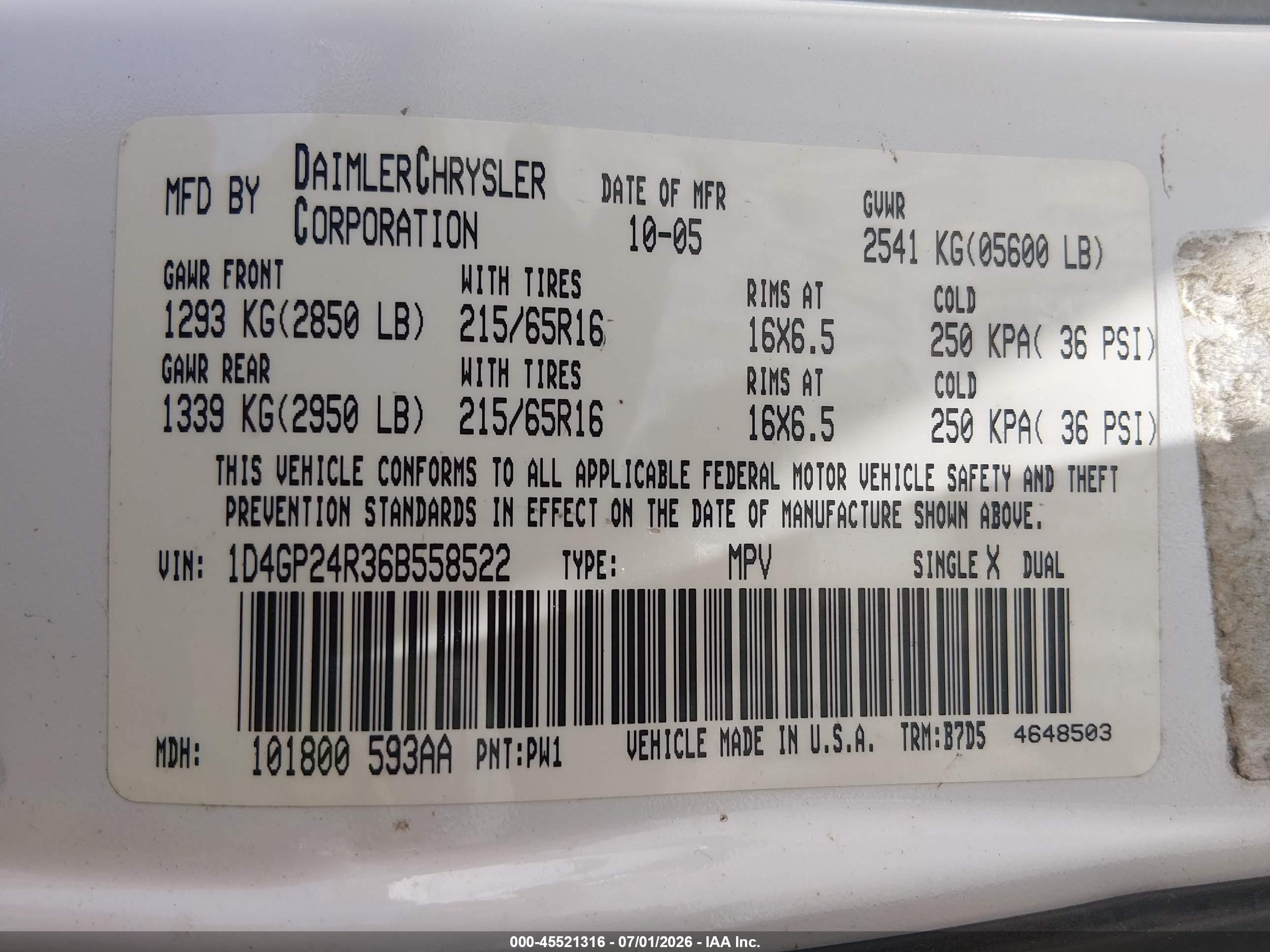 2006 Dodge Grand Caravan Se White vin: 1D4GP24R36B558522