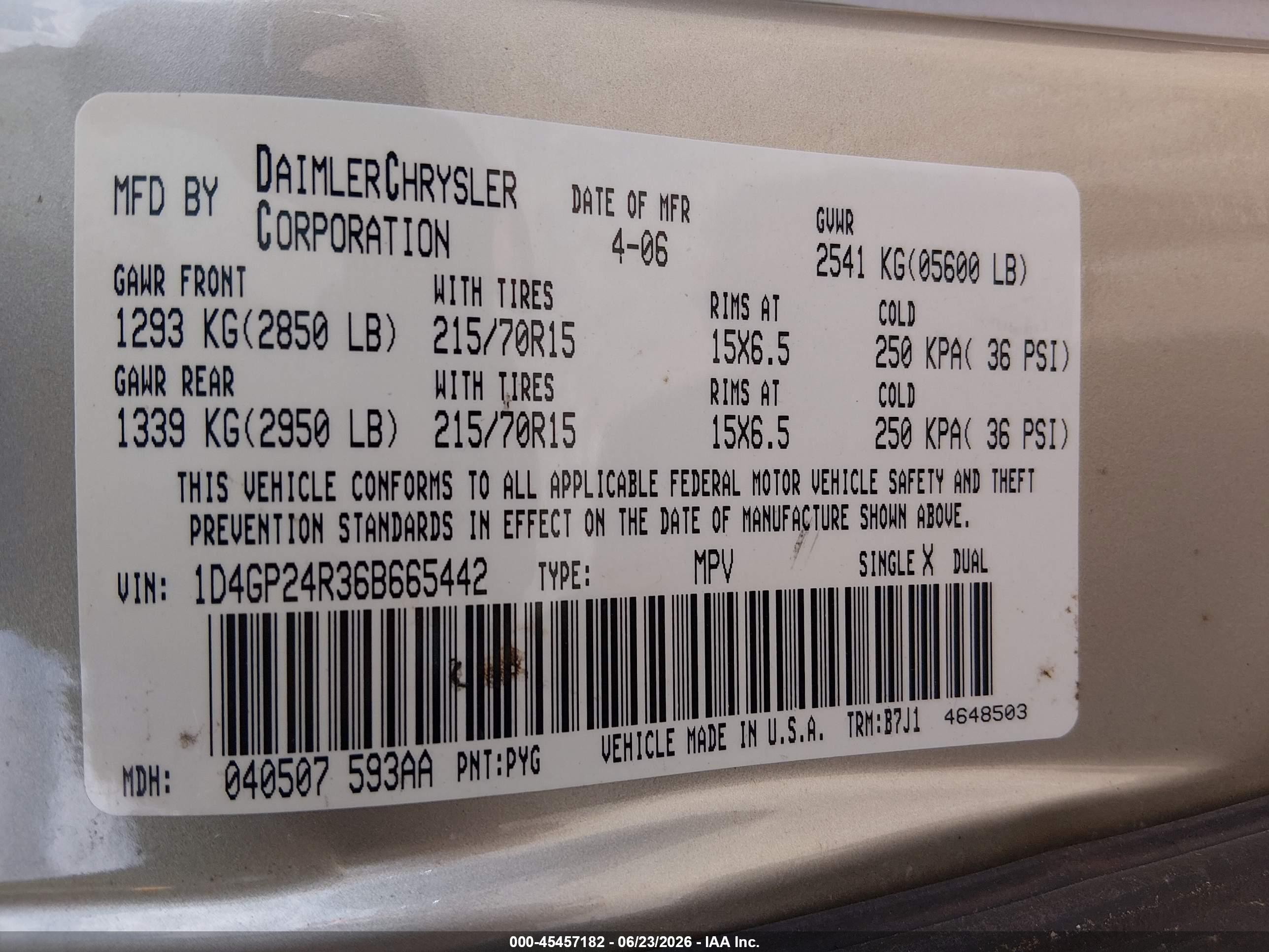 2006 Dodge Grand Caravan Se Champagne vin: 1D4GP24R36B665442
