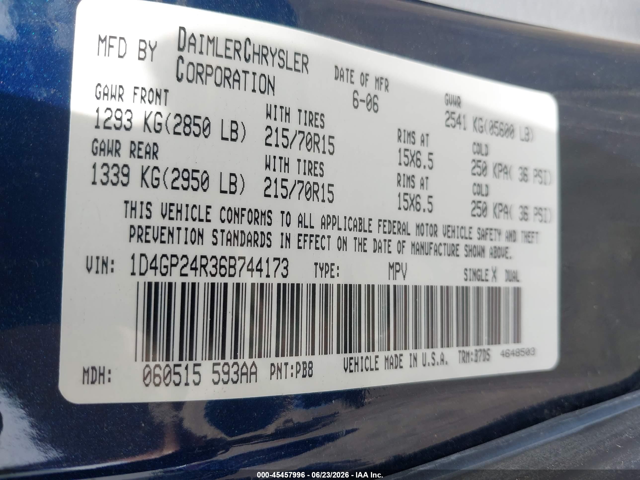 2006 Dodge Grand Caravan Se Blue vin: 1D4GP24R36B744173