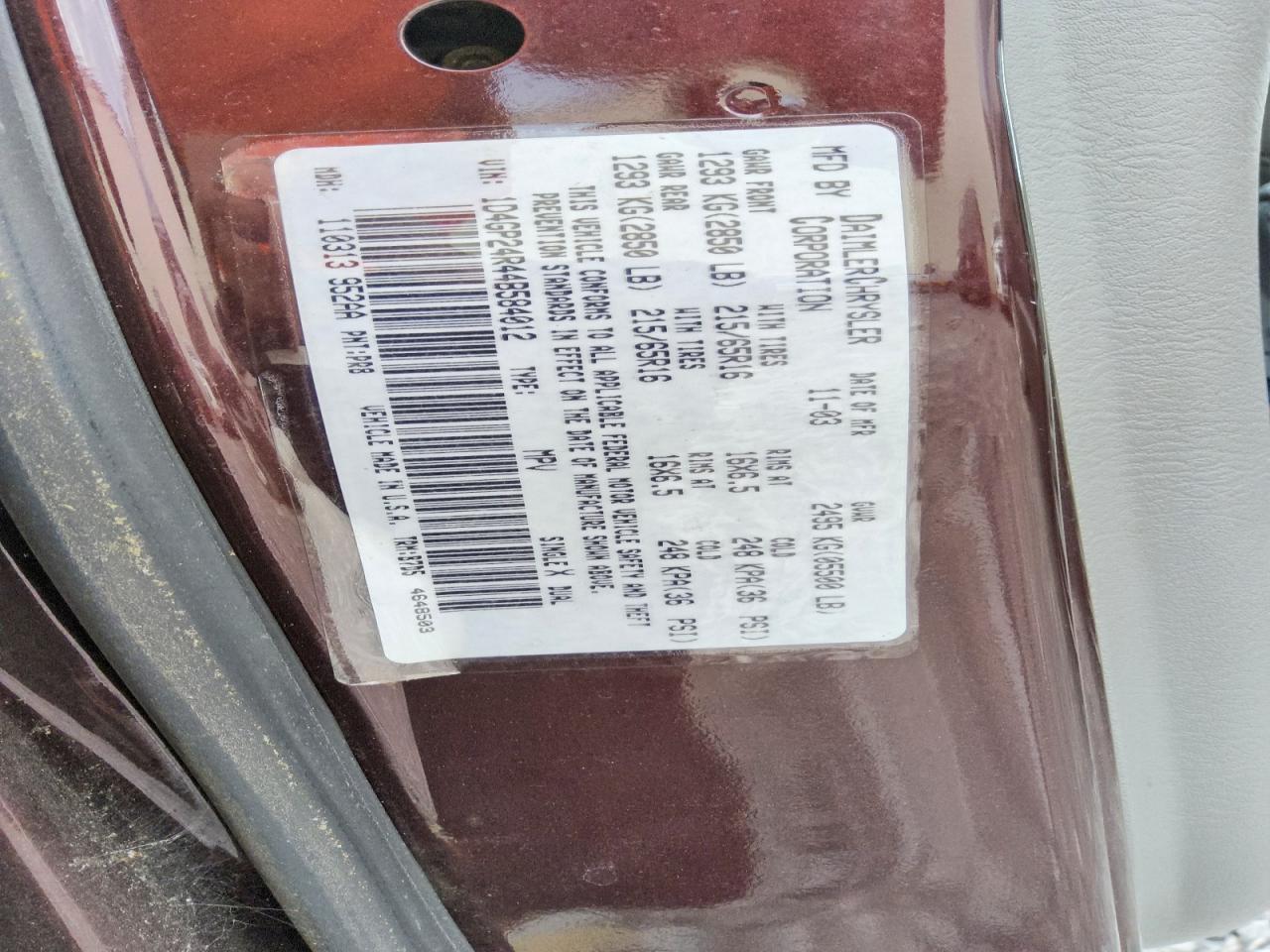 2004 Dodge Grand Caravan Se Maroon vin: 1D4GP24R44B584012