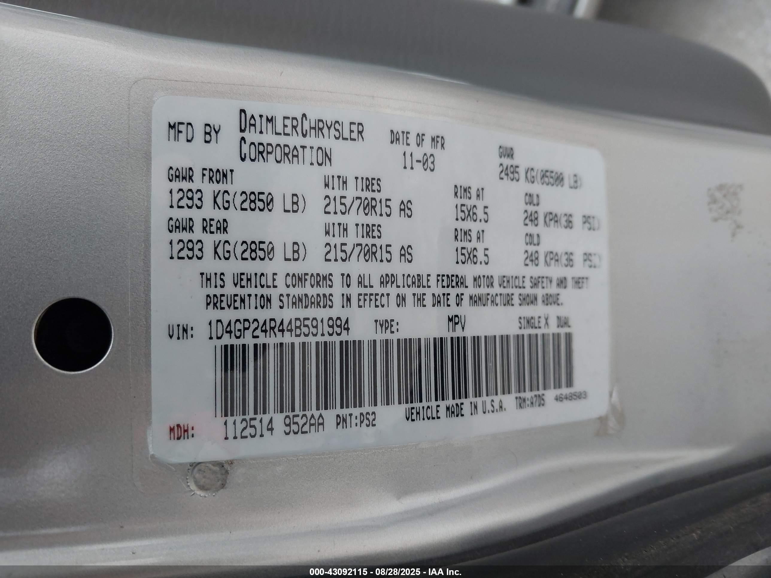 2004 Dodge Grand Caravan Se Silver vin: 1D4GP24R44B591994