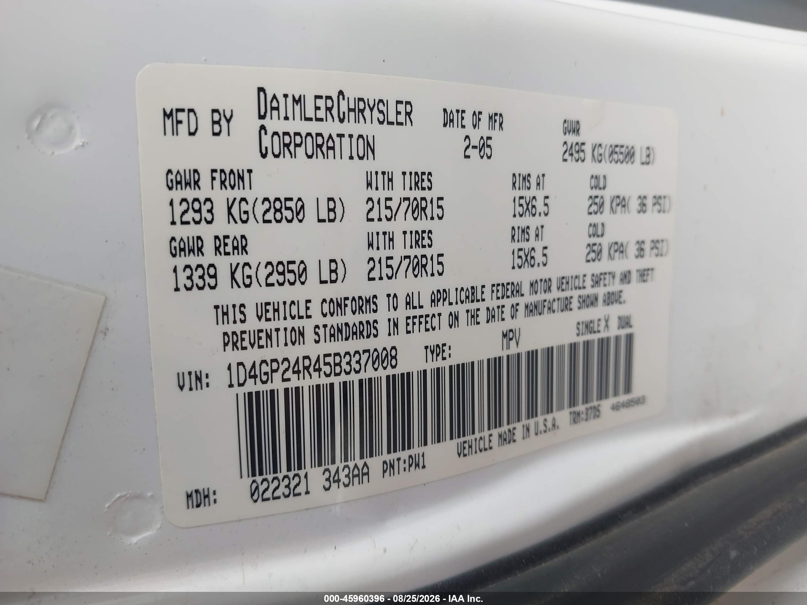 2005 Dodge Grand Caravan Se White vin: 1D4GP24R45B337008