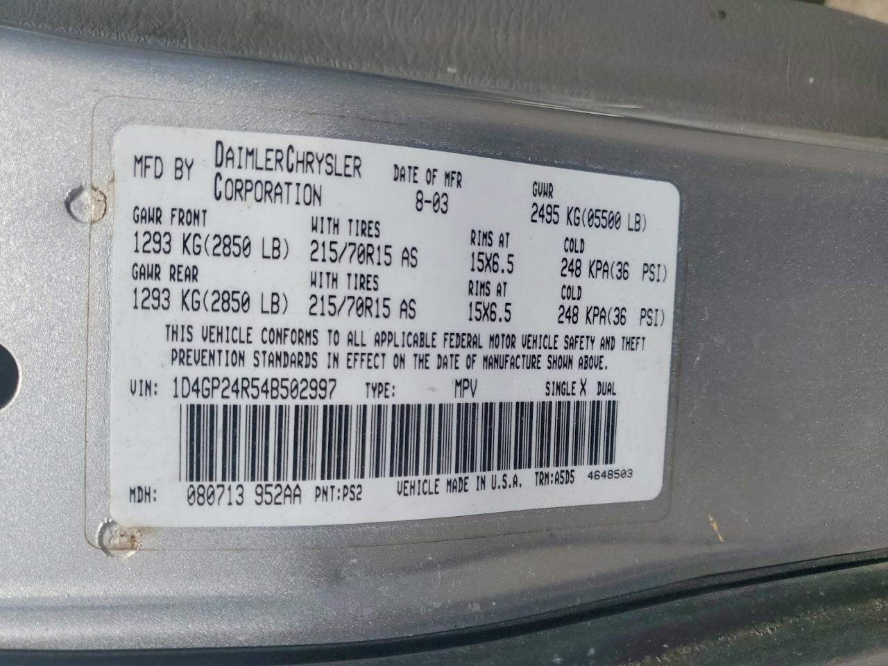 2004 Dodge Grand Caravan Silver vin: 1D4GP24R54B502997