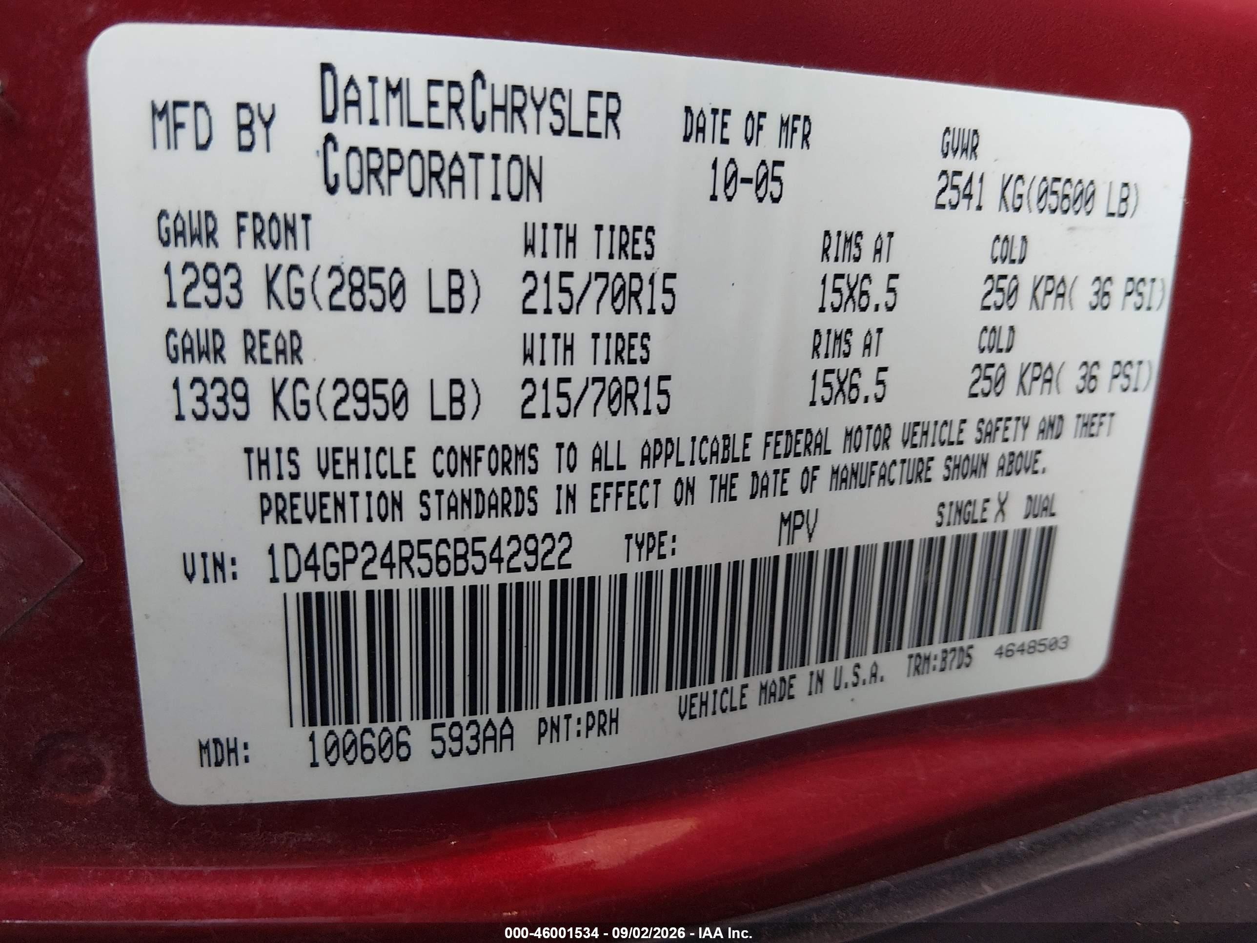 2006 Dodge Grand Caravan Se Red vin: 1D4GP24R56B542922