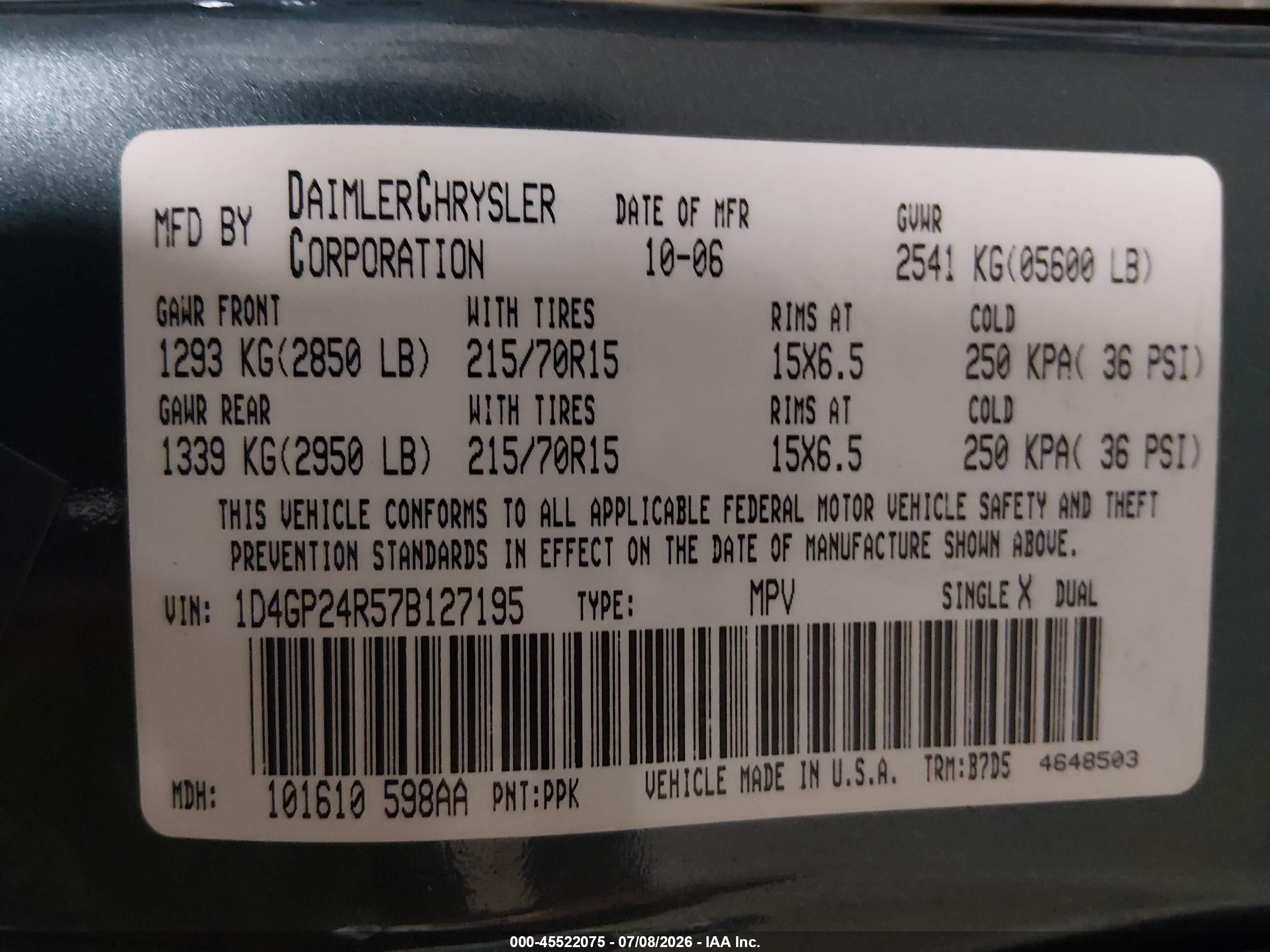2007 Dodge Grand Caravan Se Blue vin: 1D4GP24R57B127195
