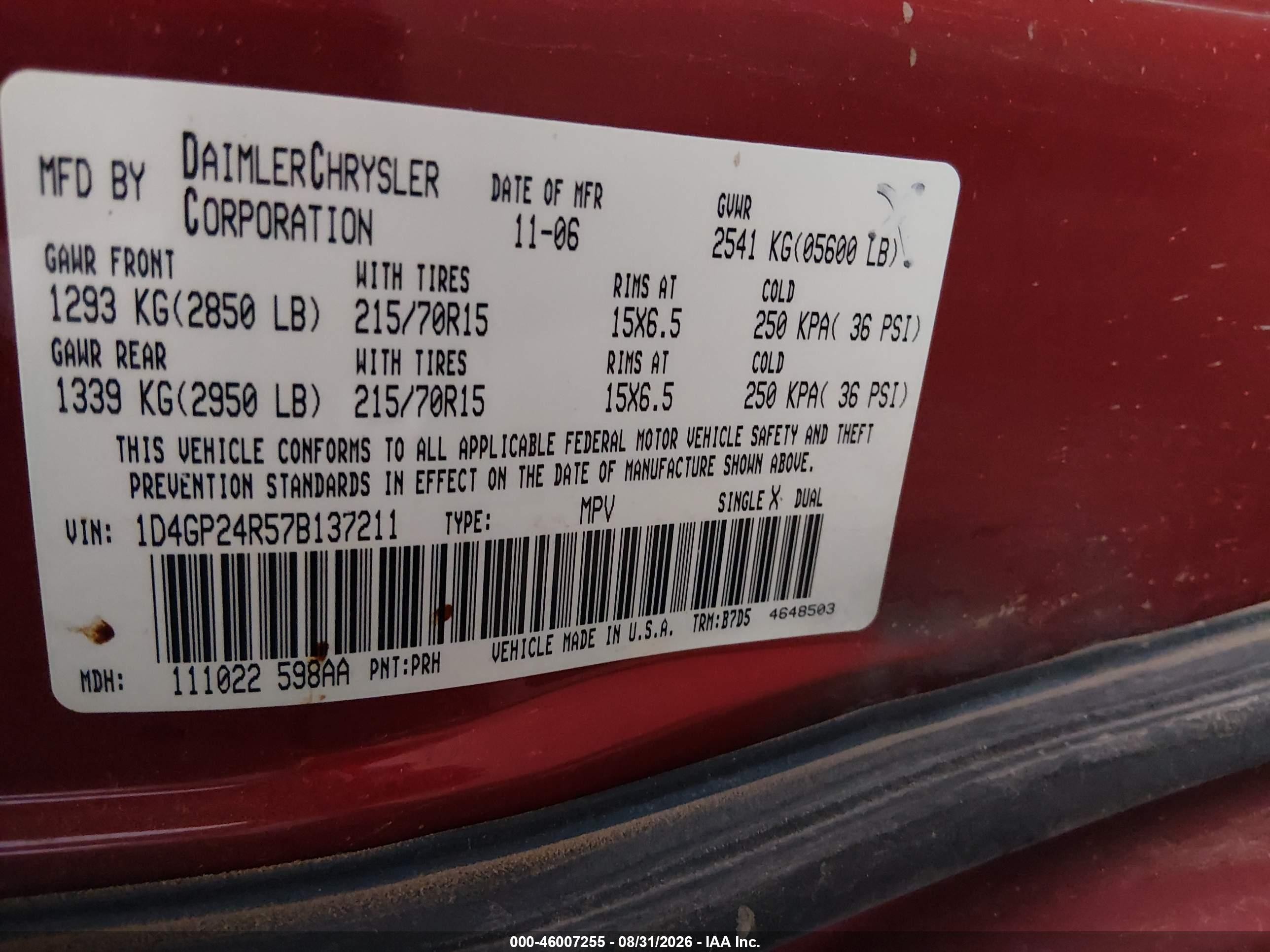 2007 Dodge Grand Caravan Se Red vin: 1D4GP24R57B137211