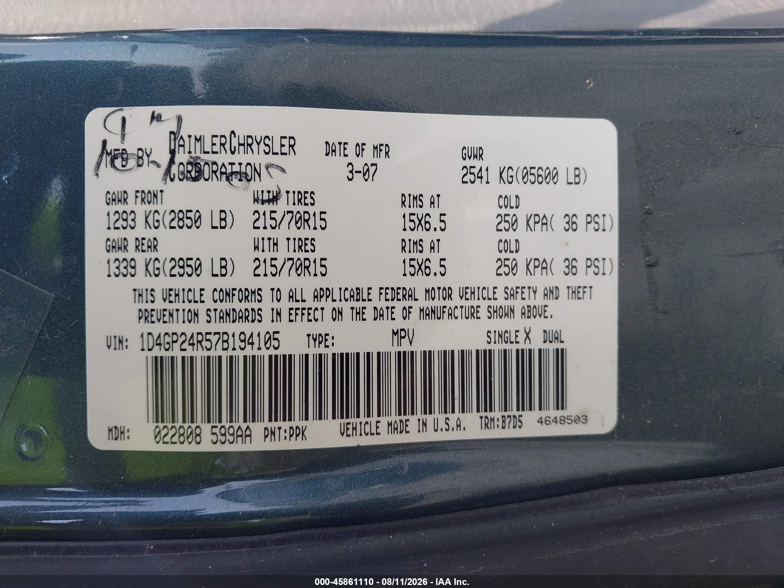 2007 Dodge Grand Caravan Se Green vin: 1D4GP24R57B194105