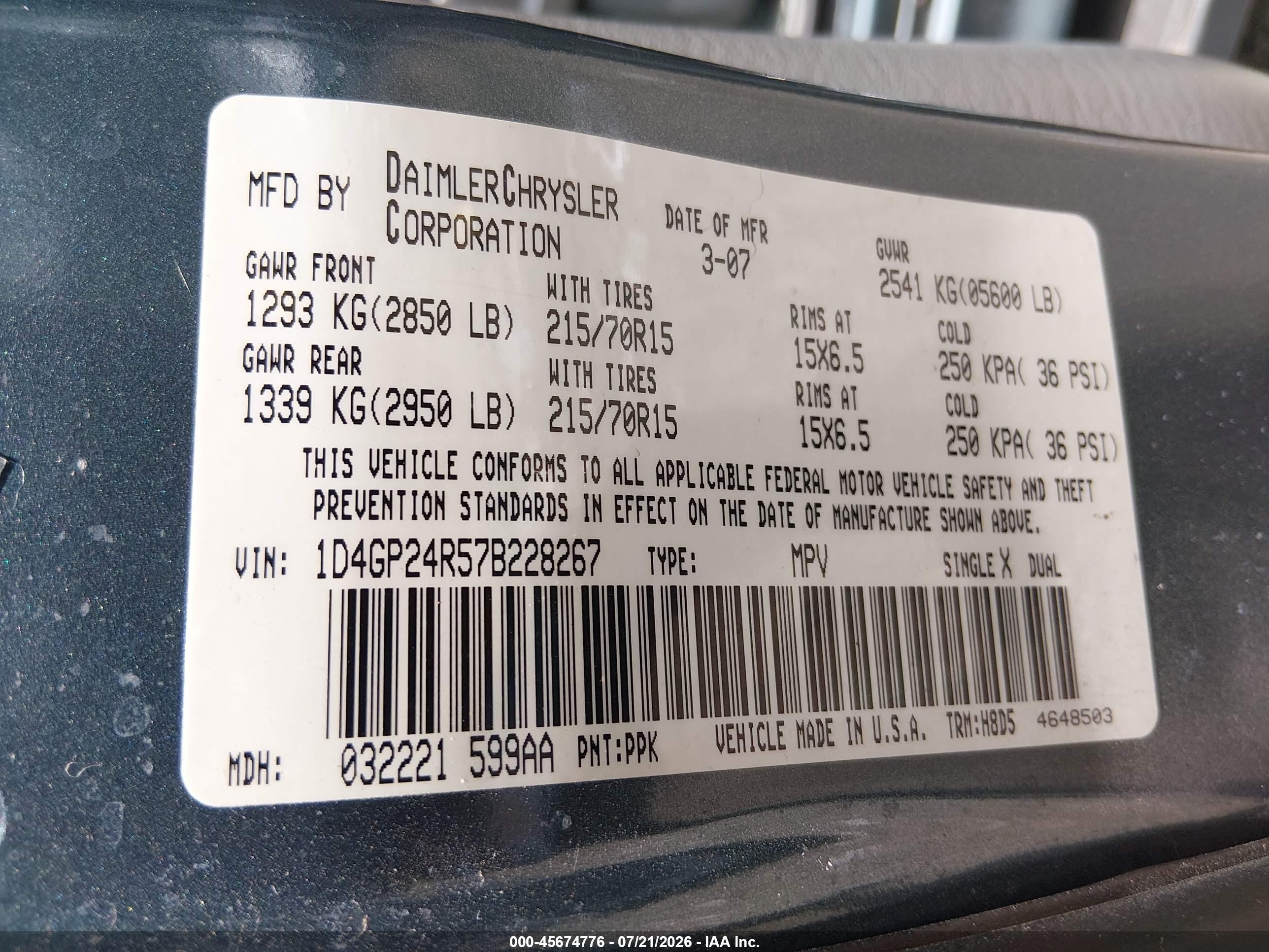 2007 Dodge Grand Caravan Se Blue vin: 1D4GP24R57B228267