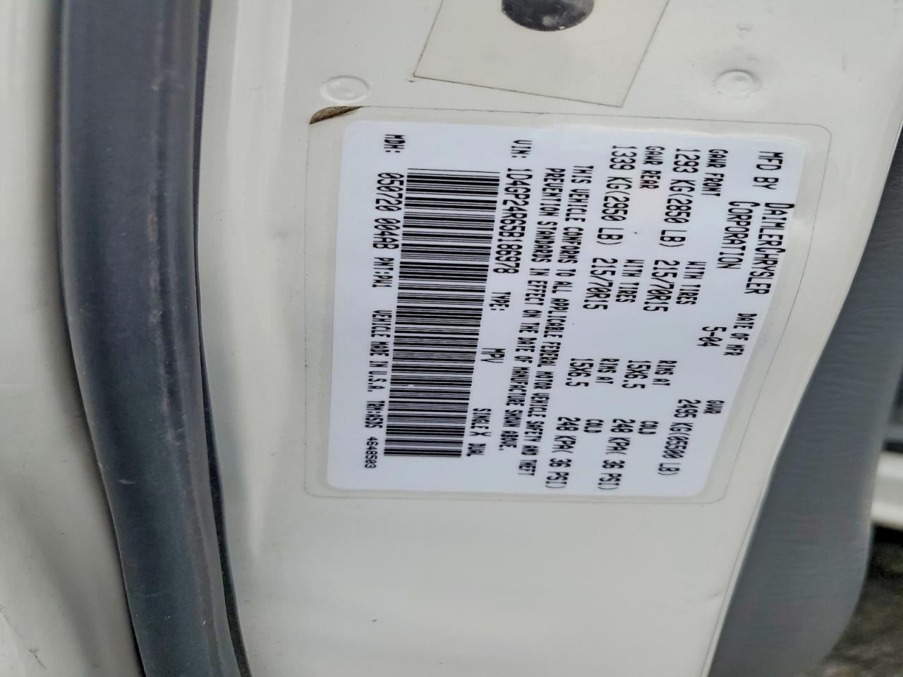 2005 Dodge Grand Caravan Se White vin: 1D4GP24R65B186978