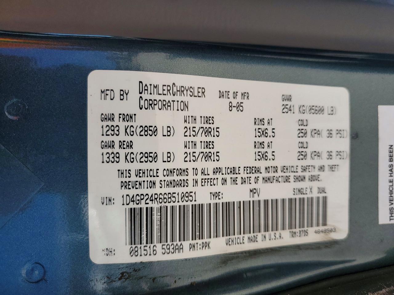 2006 Dodge Grand Caravan Wheelchair Van-pri Fleet Turquoise vin: 1D4GP24R66B510951