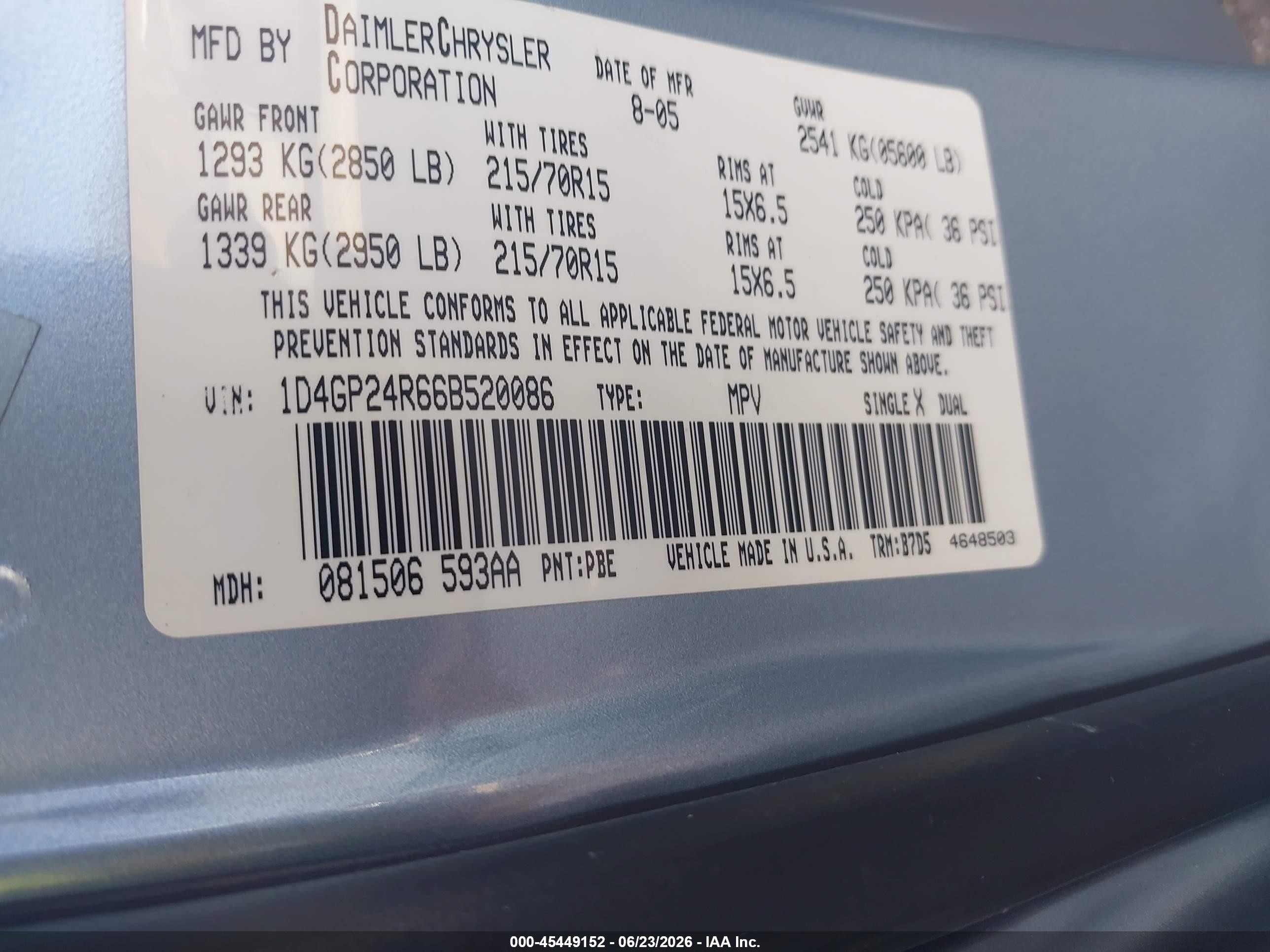 2006 Dodge Grand Caravan Se Light Blue vin: 1D4GP24R66B520086