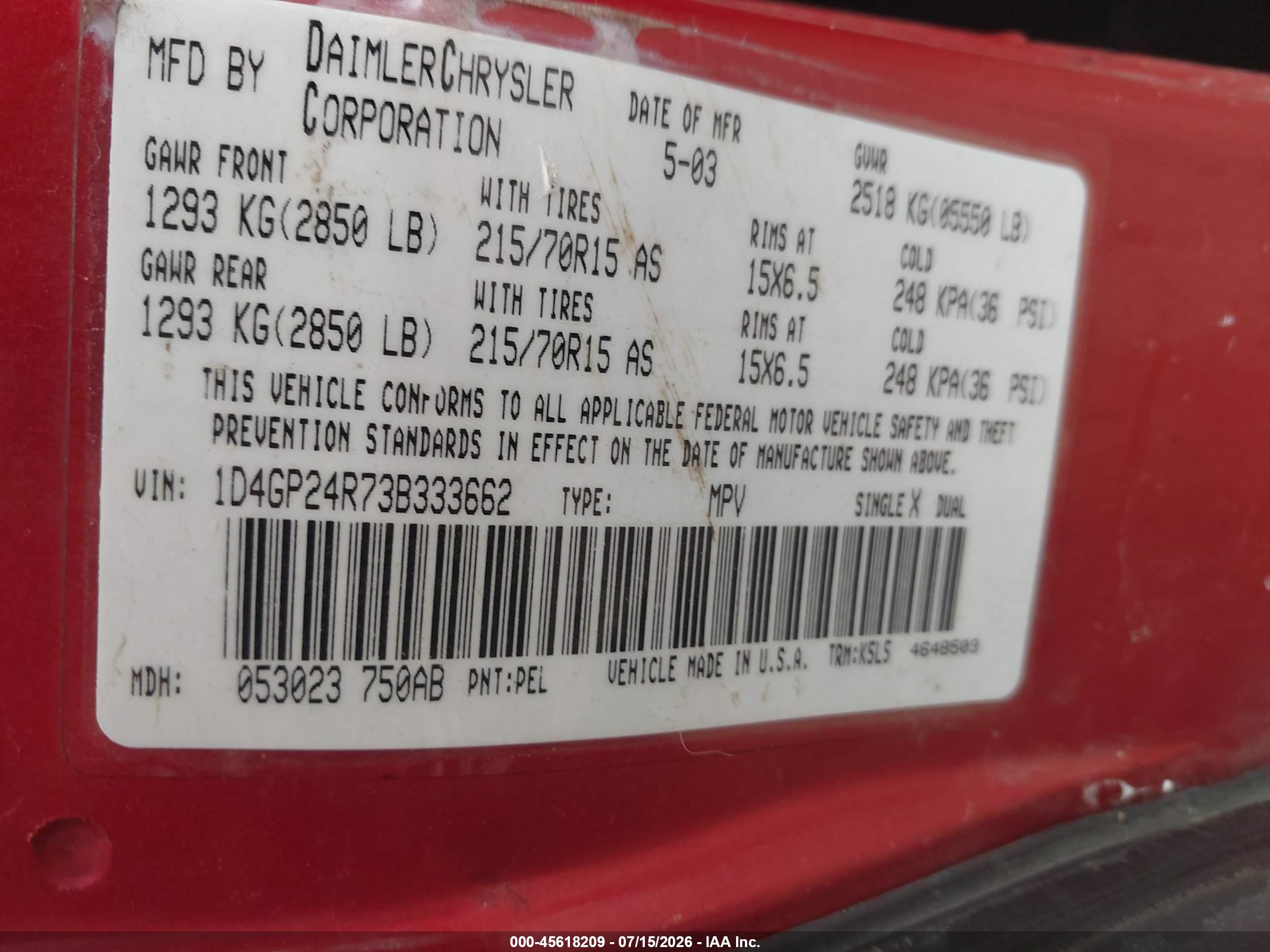 2003 Dodge Grand Caravan Se Maroon vin: 1D4GP24R73B333662