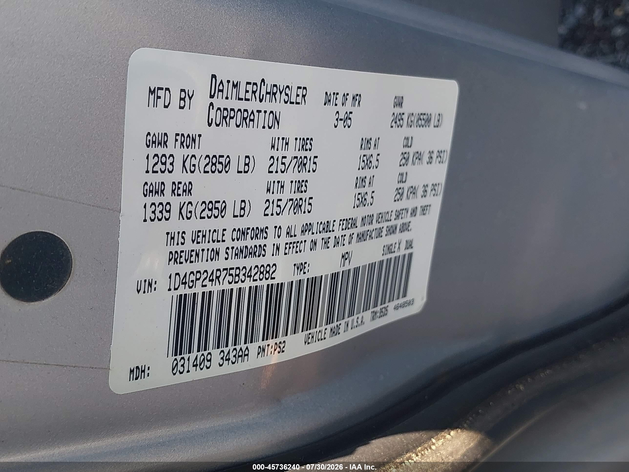 2005 Dodge Grand Caravan Se Silver vin: 1D4GP24R75B342882