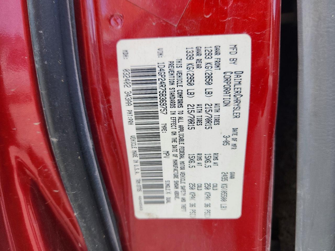 2005 Dodge Grand Caravan Se Maroon vin: 1D4GP24R75B369757