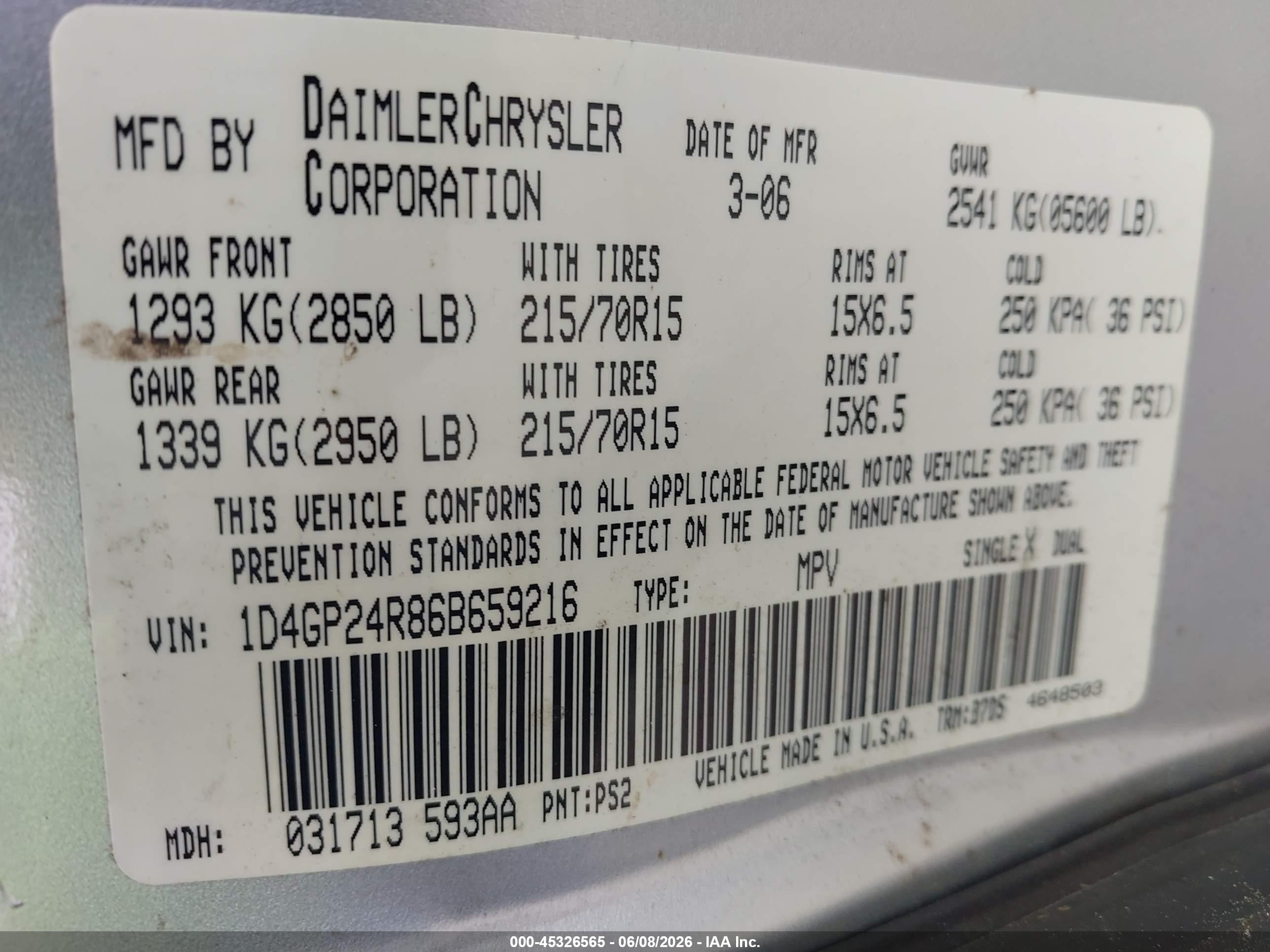2006 Dodge Grand Caravan Se Silver vin: 1D4GP24R86B659216