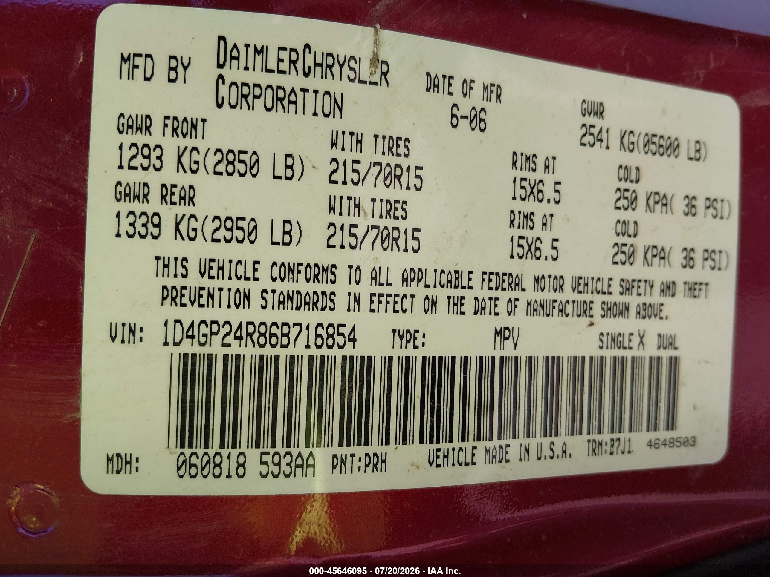 2006 Dodge Grand Caravan Se Red vin: 1D4GP24R86B716854