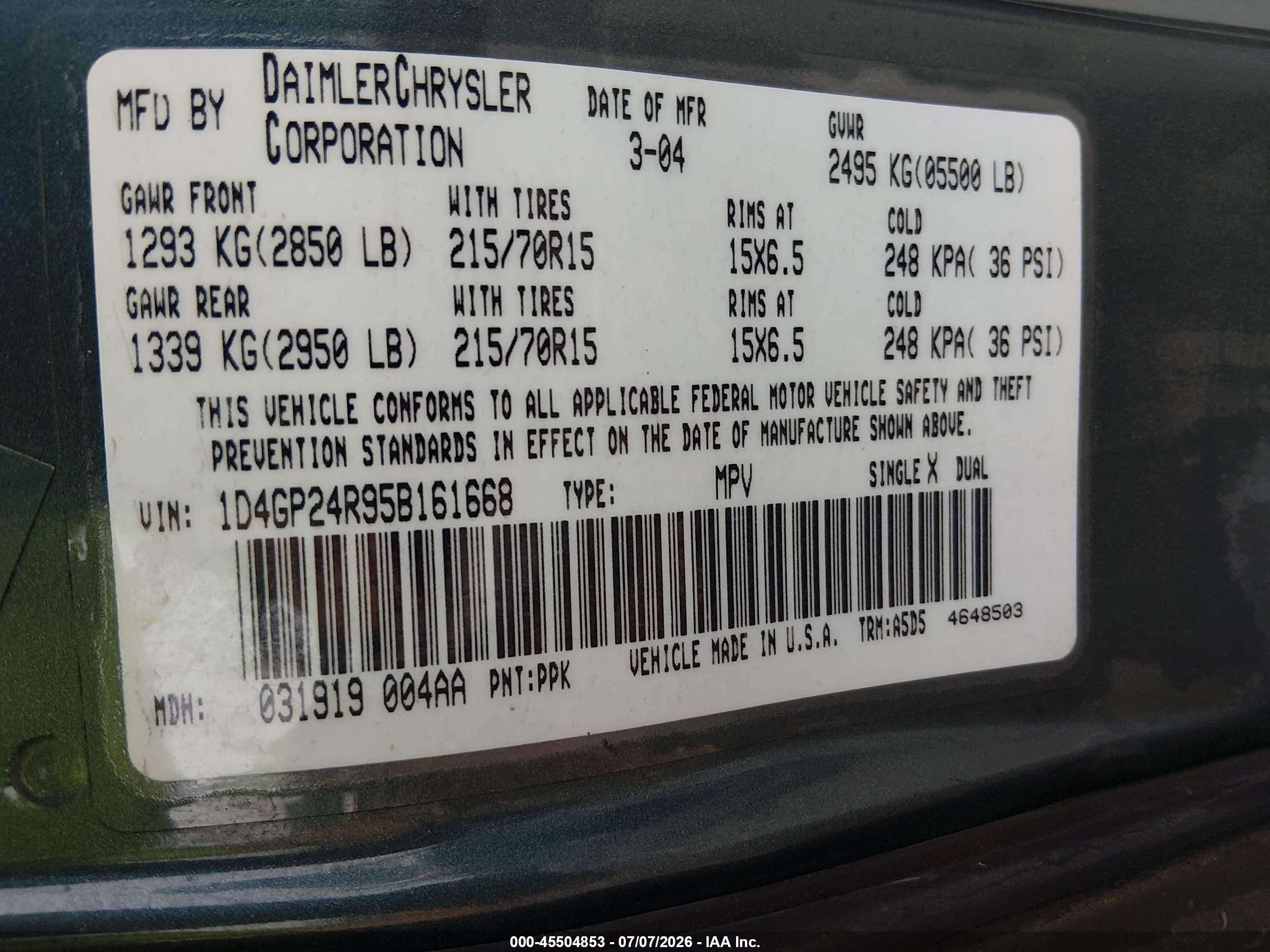 2005 Dodge Caravan Se Blue vin: 1D4GP24R95B161668