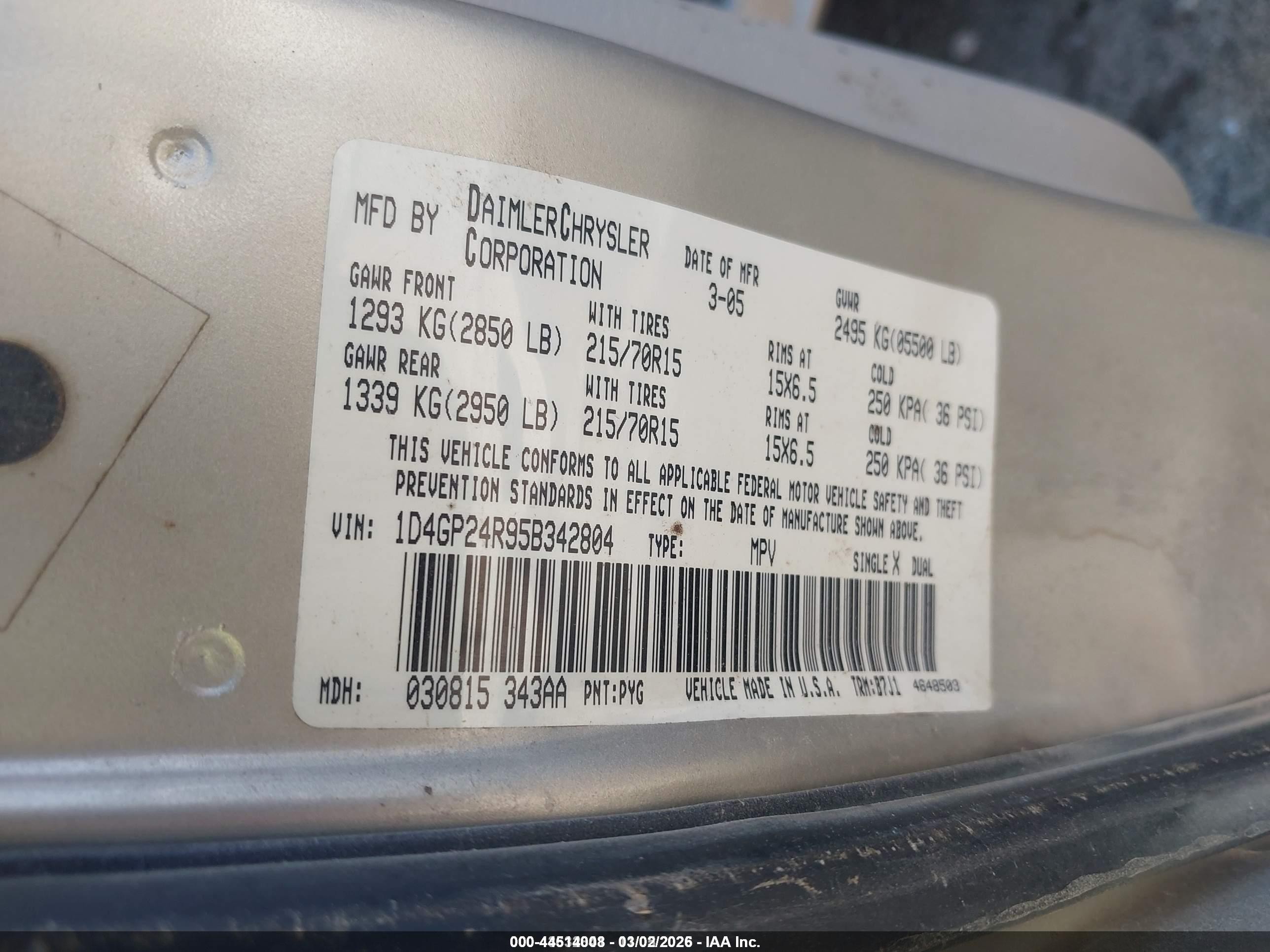 2005 Dodge Grand Caravan Se Gold vin: 1D4GP24R95B342804
