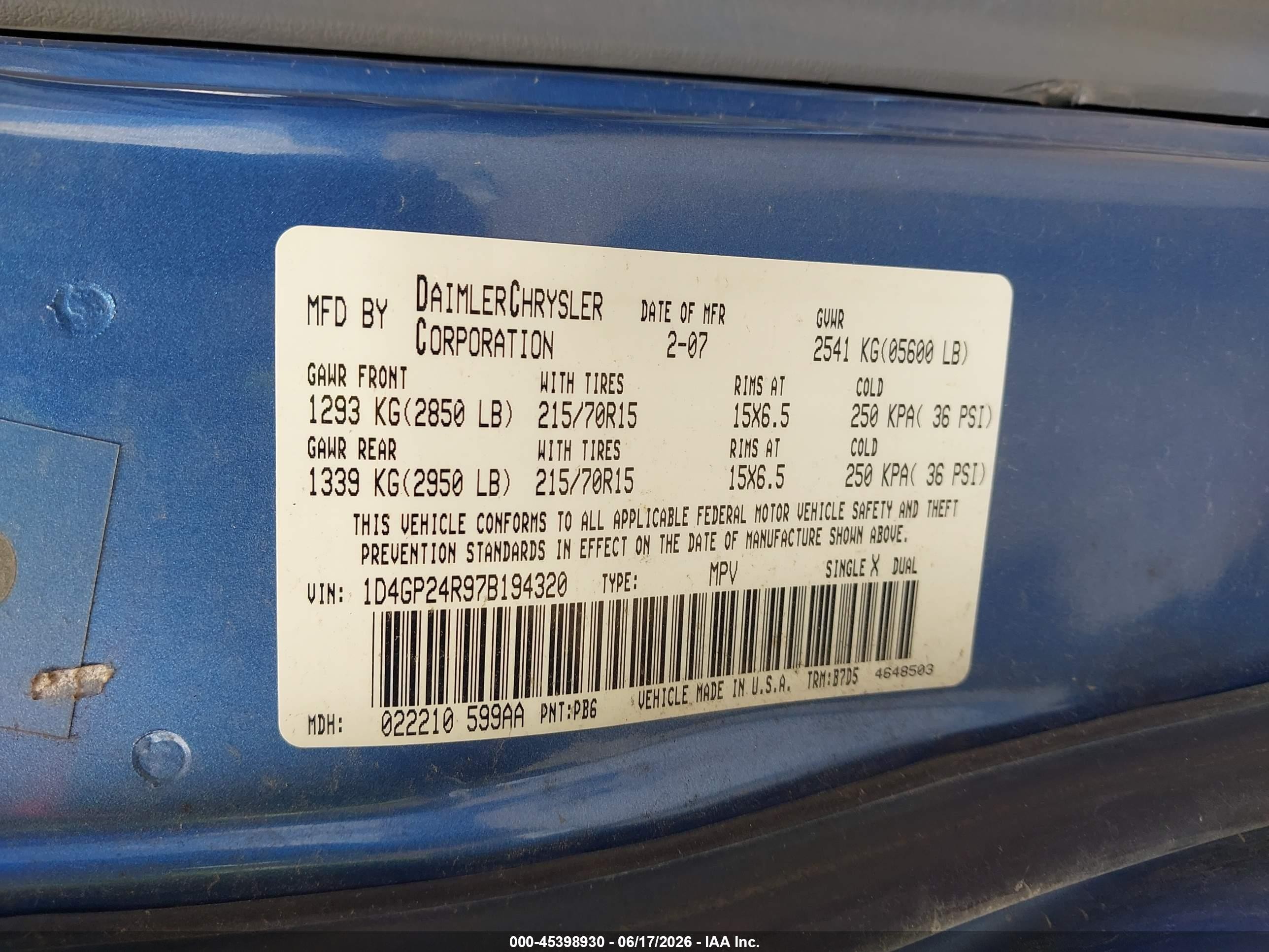 2007 Dodge Grand Caravan Se Синий vin: 1D4GP24R97B194320