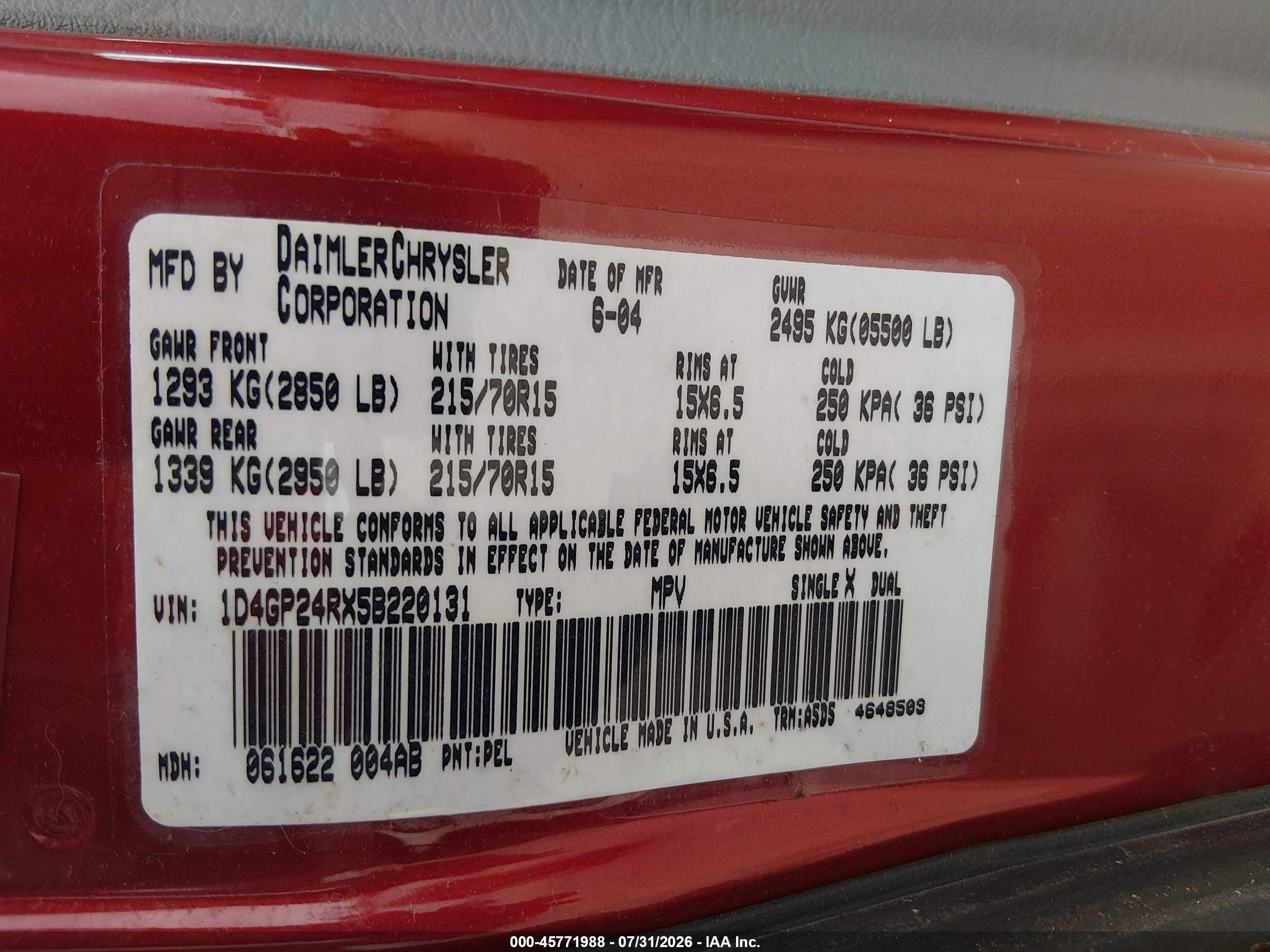 2005 Dodge Grand Caravan Se Red vin: 1D4GP24RX5B220131