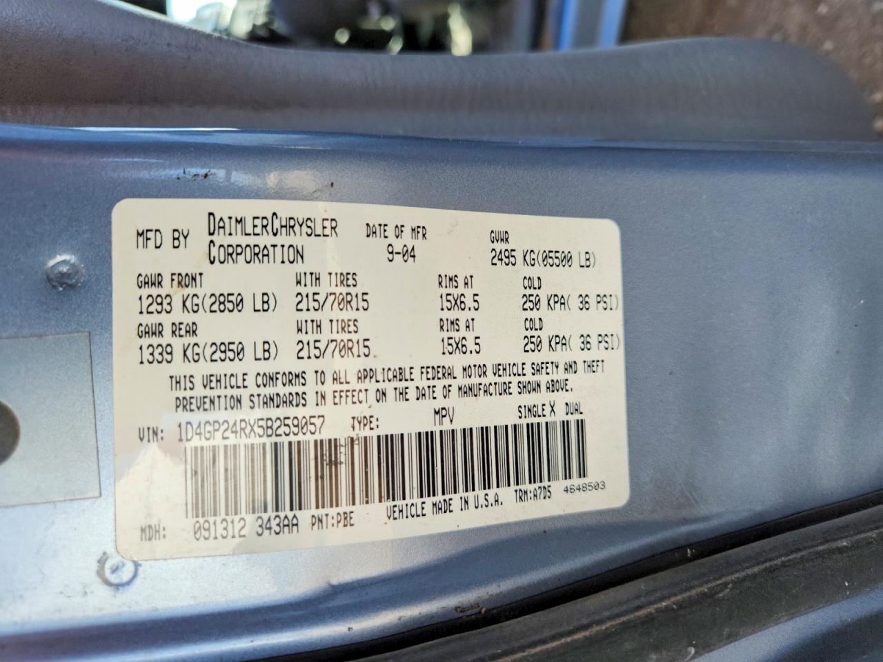 2005 Dodge Grand Caravan Se Blue vin: 1D4GP24RX5B259057