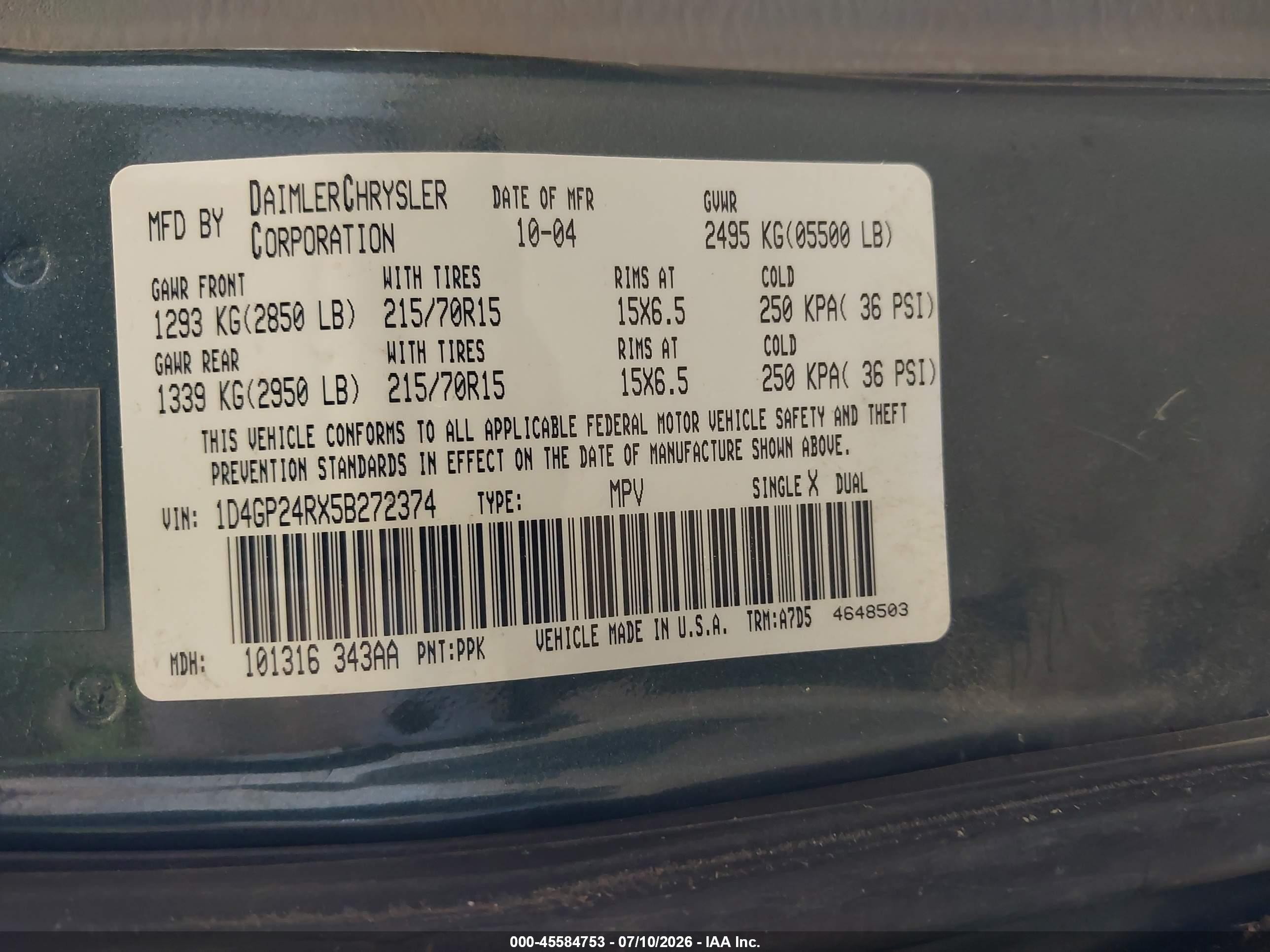 2005 Dodge Caravan Se Green vin: 1D4GP24RX5B272374