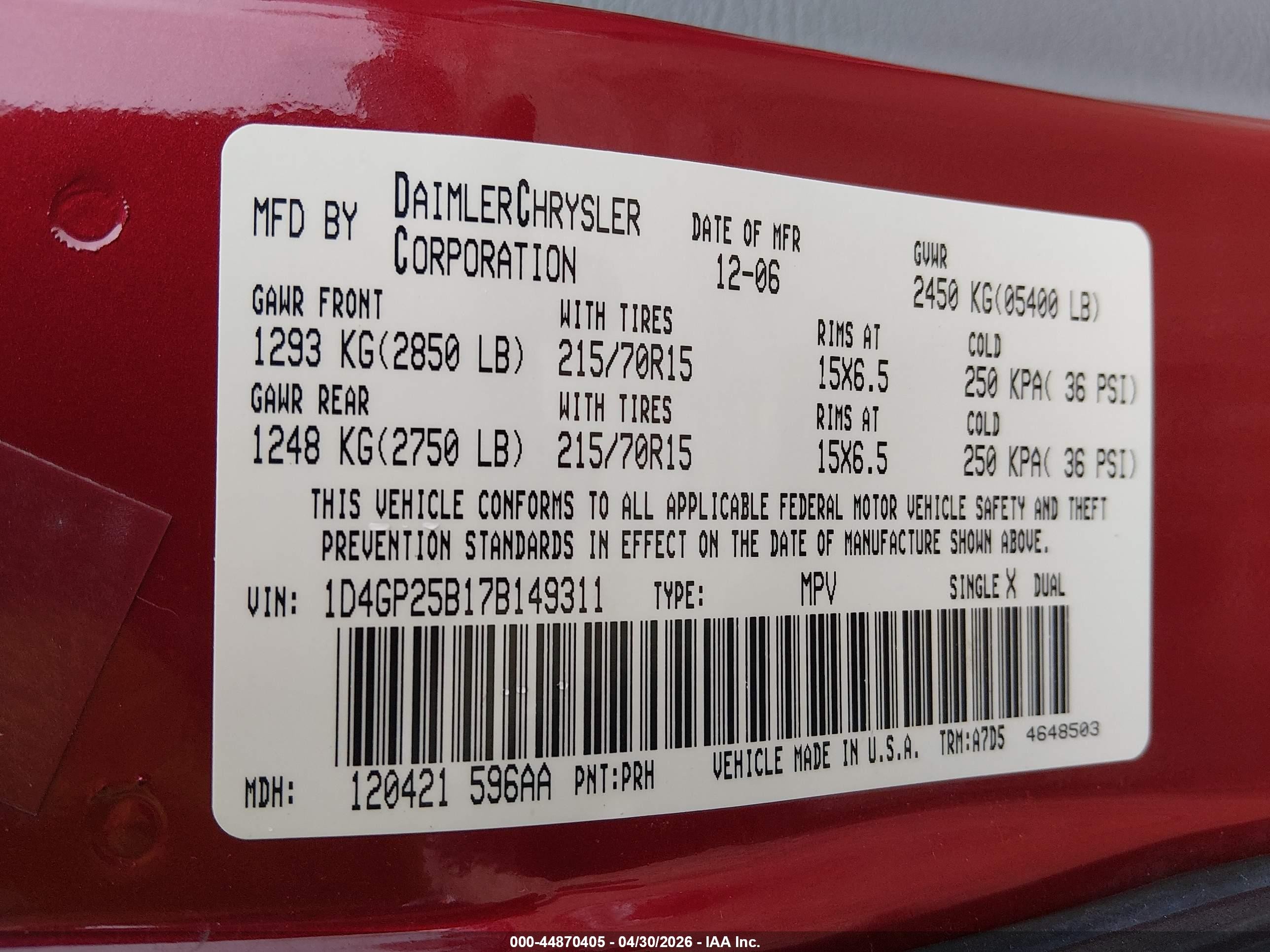 2007 Dodge Caravan Se Red vin: 1D4GP25B17B149311