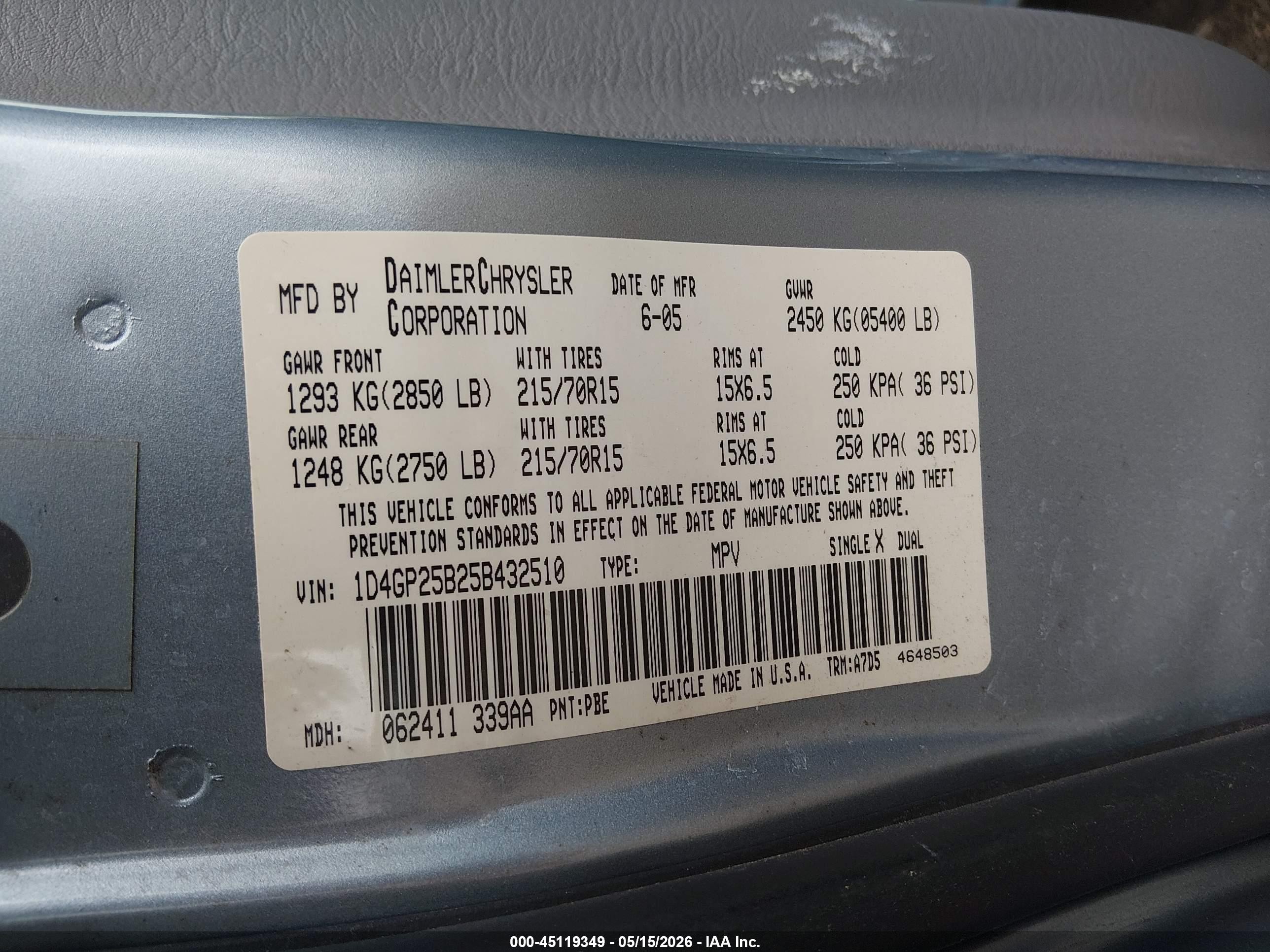 2005 Dodge Caravan Se Light Blue vin: 1D4GP25B25B432510