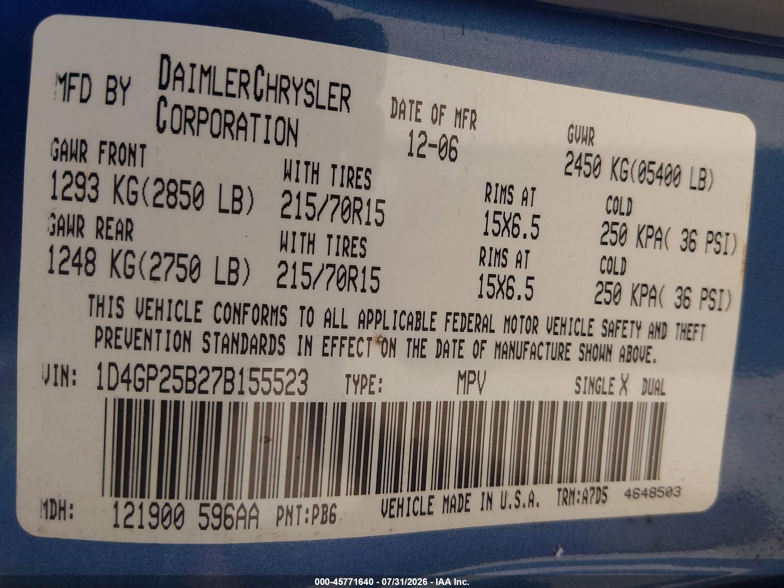 2007 Dodge Caravan Se Blue vin: 1D4GP25B27B155523