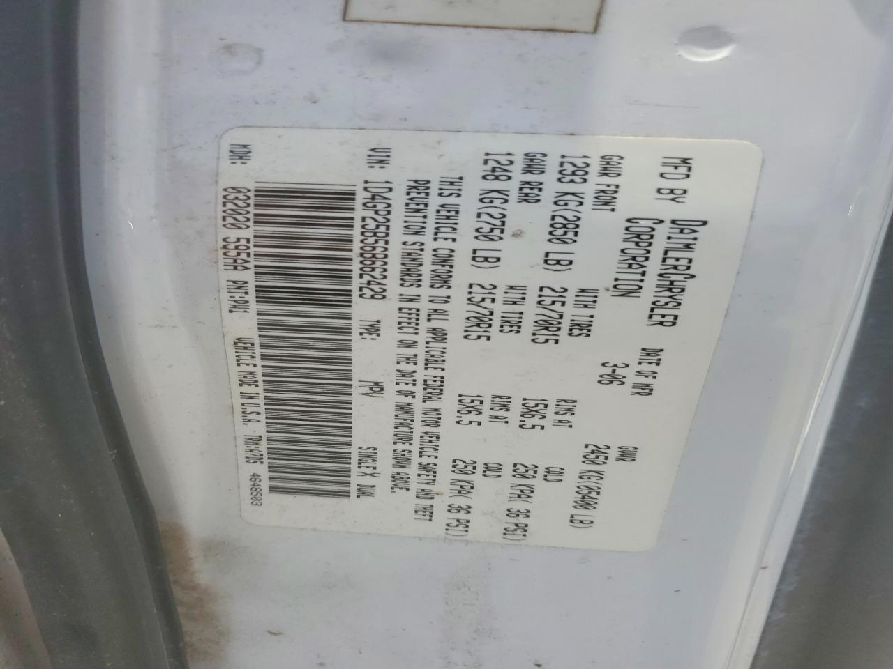 2006 Dodge Caravan Se White vin: 1D4GP25B56B662429