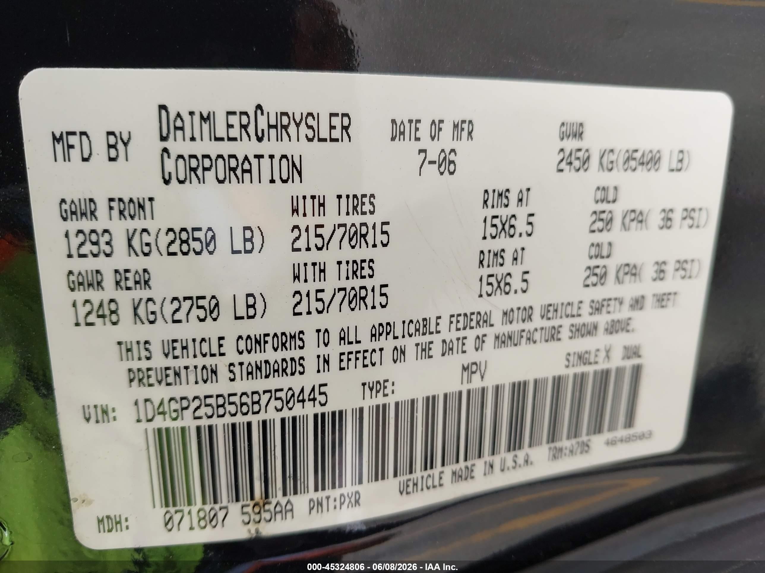 2006 Dodge Caravan Se Black vin: 1D4GP25B56B750445