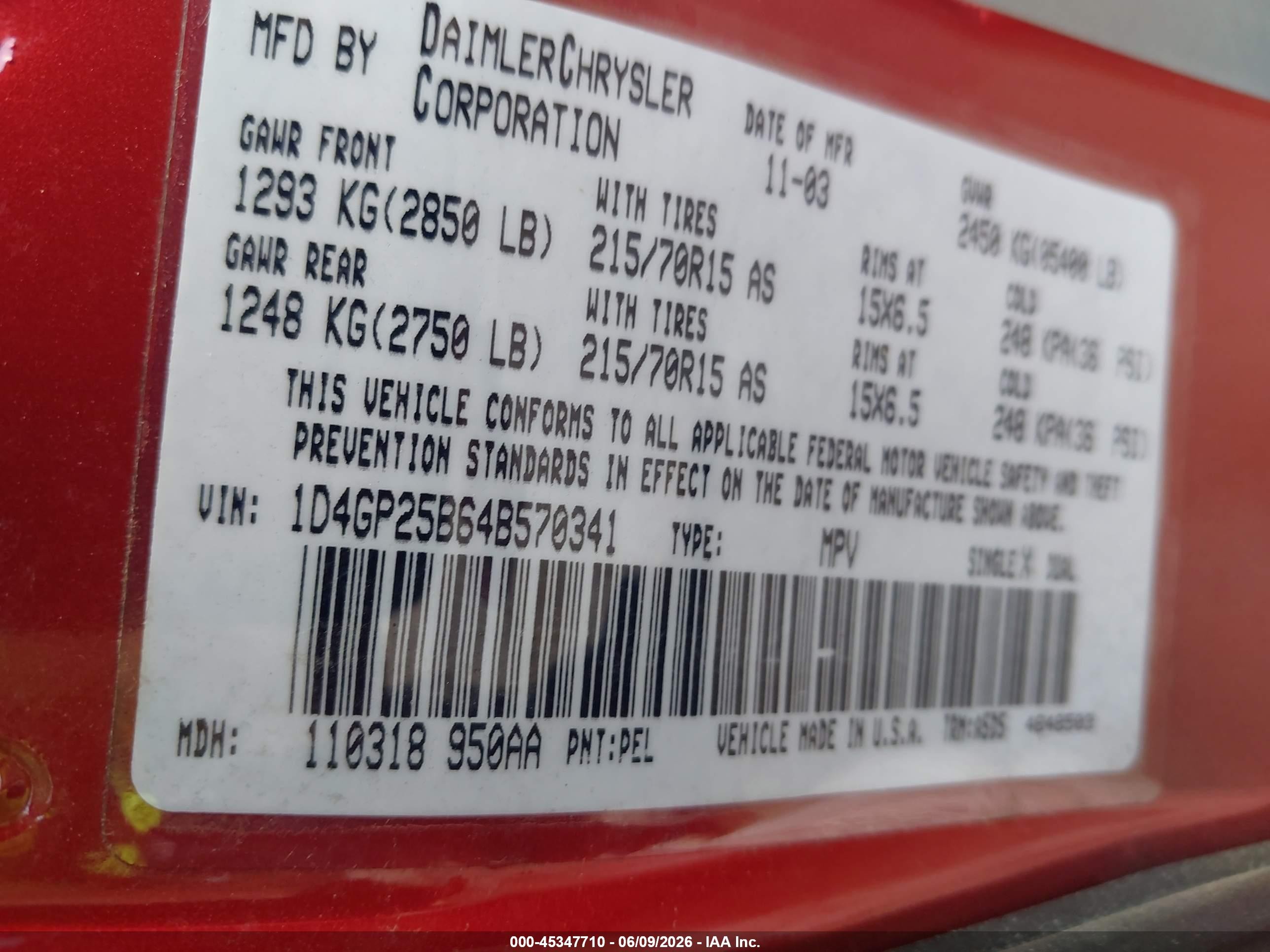 2004 Dodge Caravan Se Red vin: 1D4GP25B64B570341