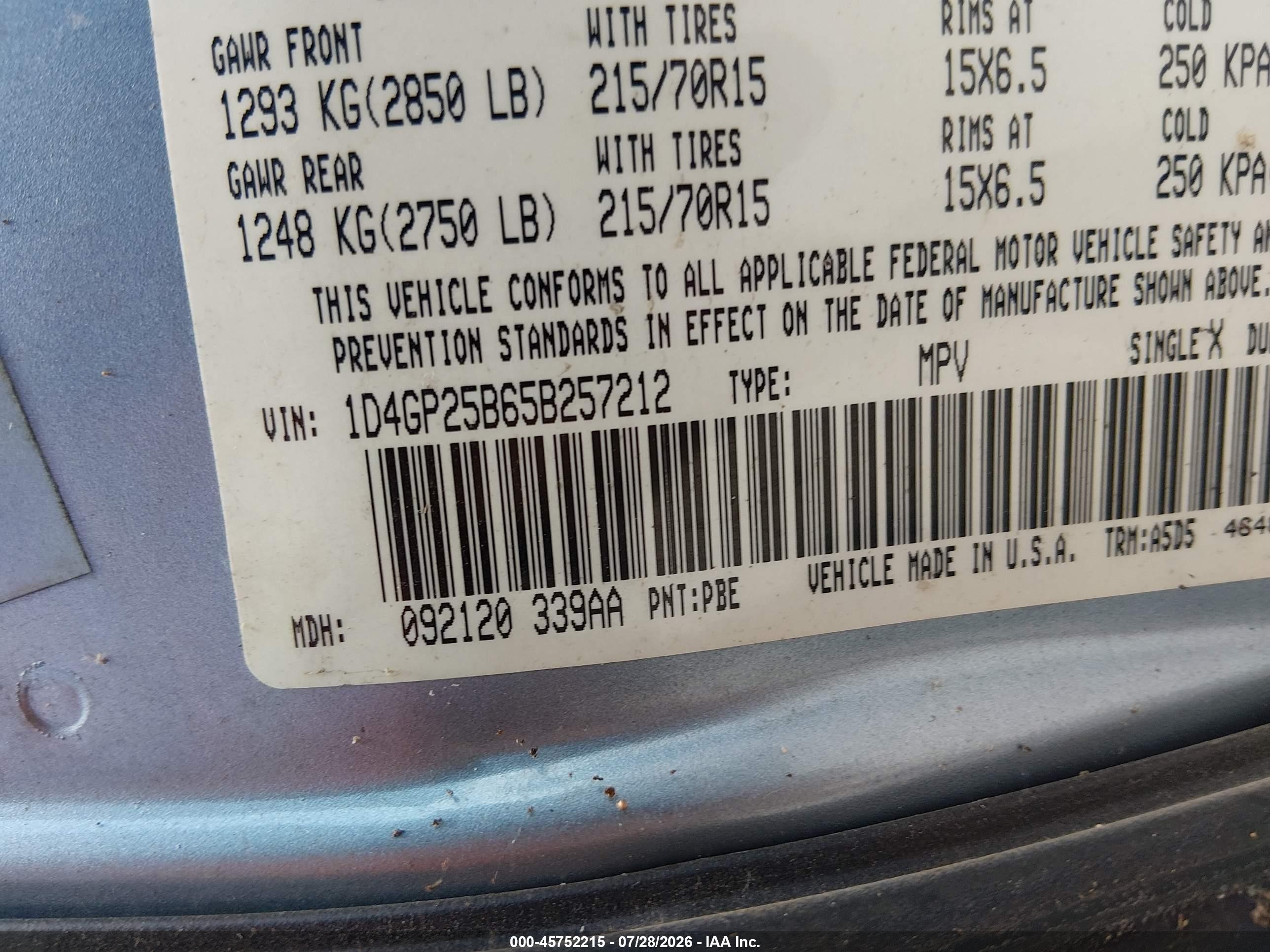 2005 Dodge Caravan Se Blue vin: 1D4GP25B65B257212