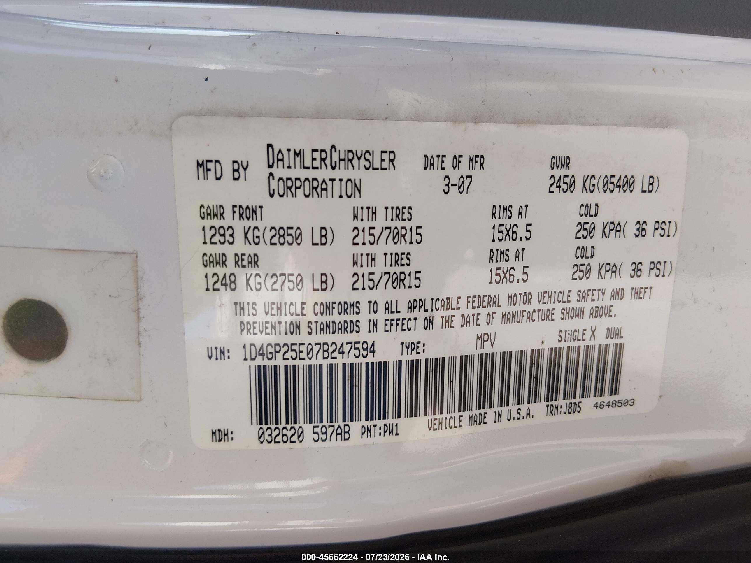 2007 Dodge Caravan Se White vin: 1D4GP25E07B247594