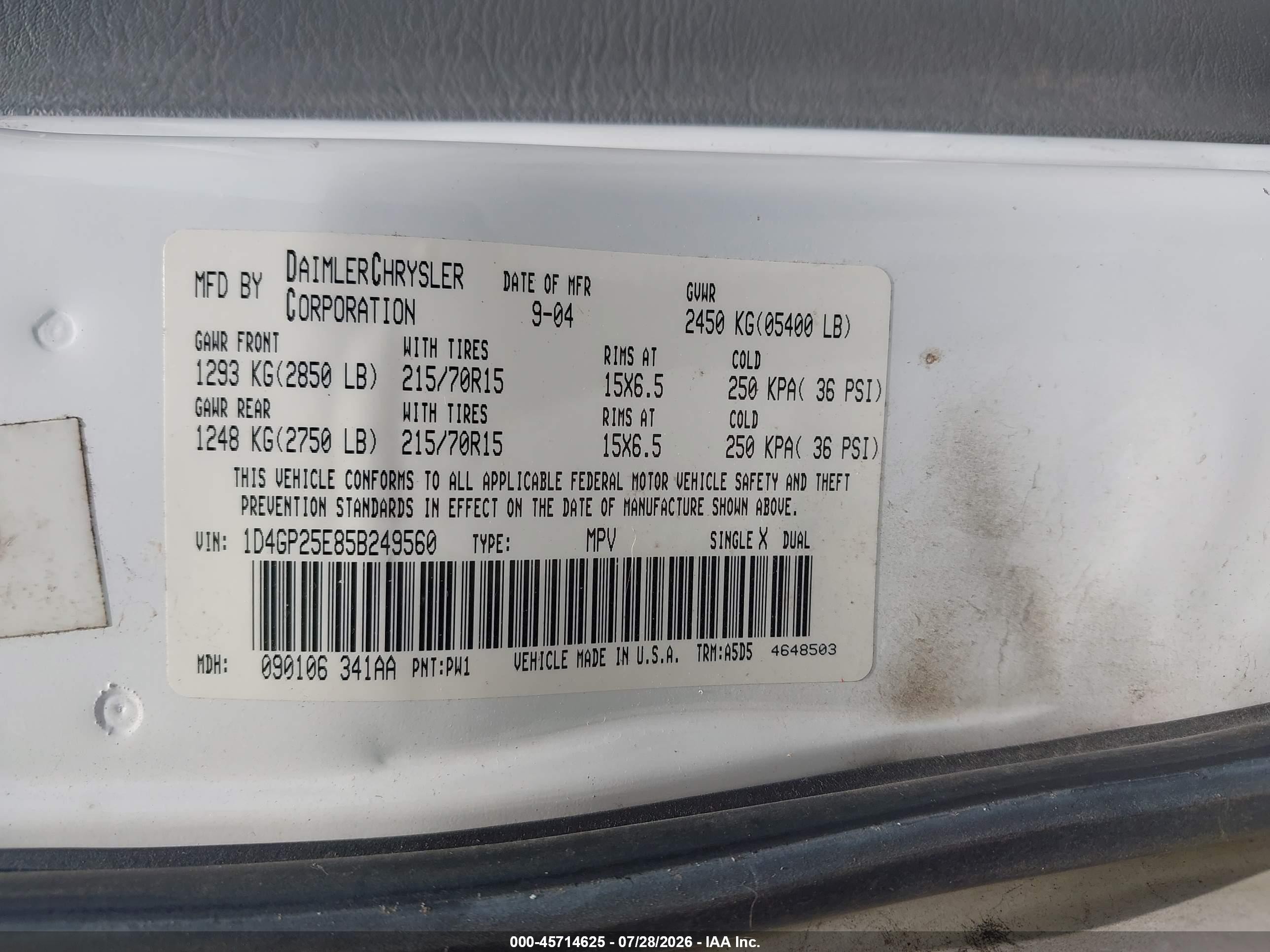 2005 Dodge Caravan Se White vin: 1D4GP25E85B249560