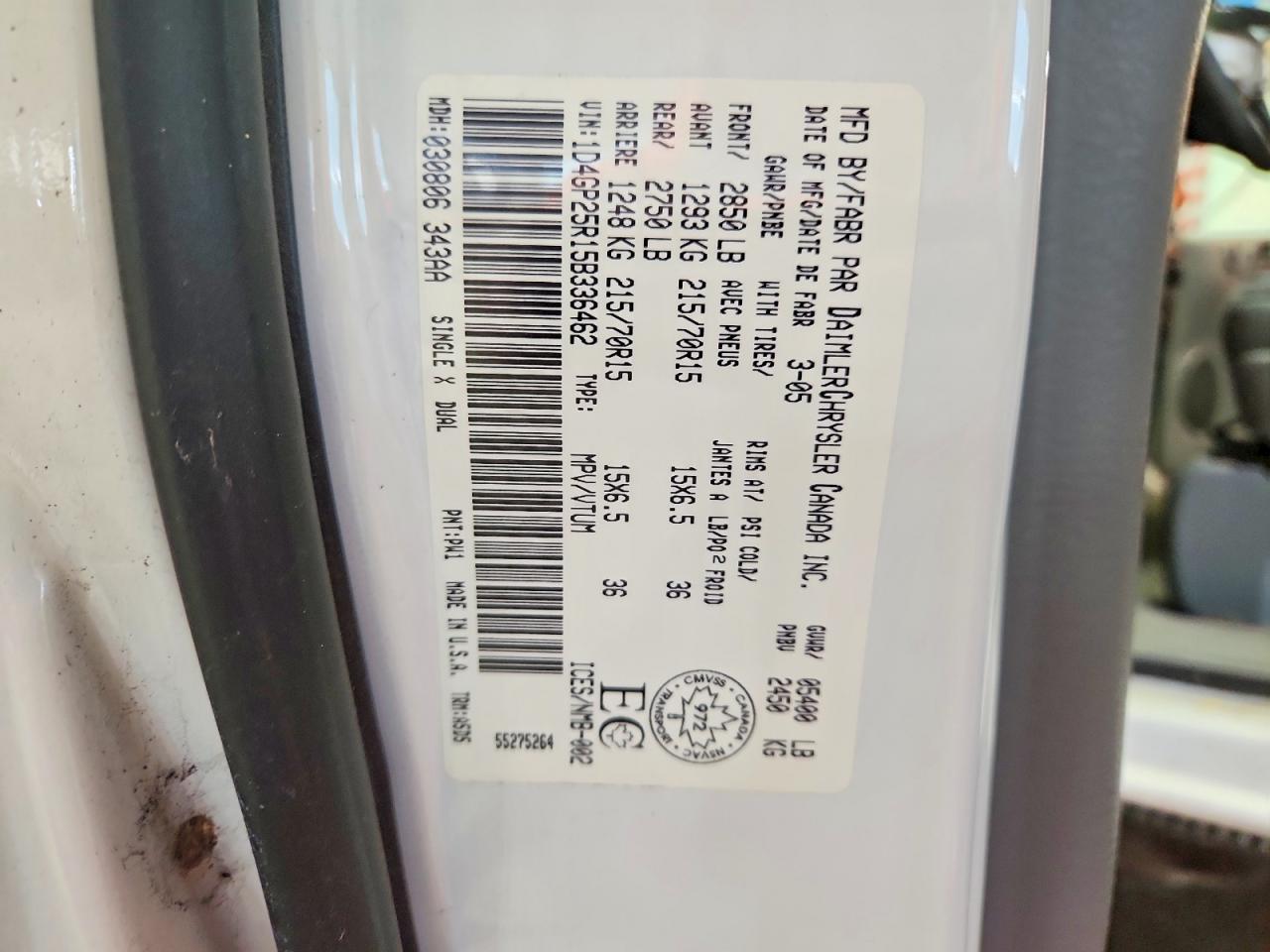 2005 Dodge Caravan Se White vin: 1D4GP25R15B336462