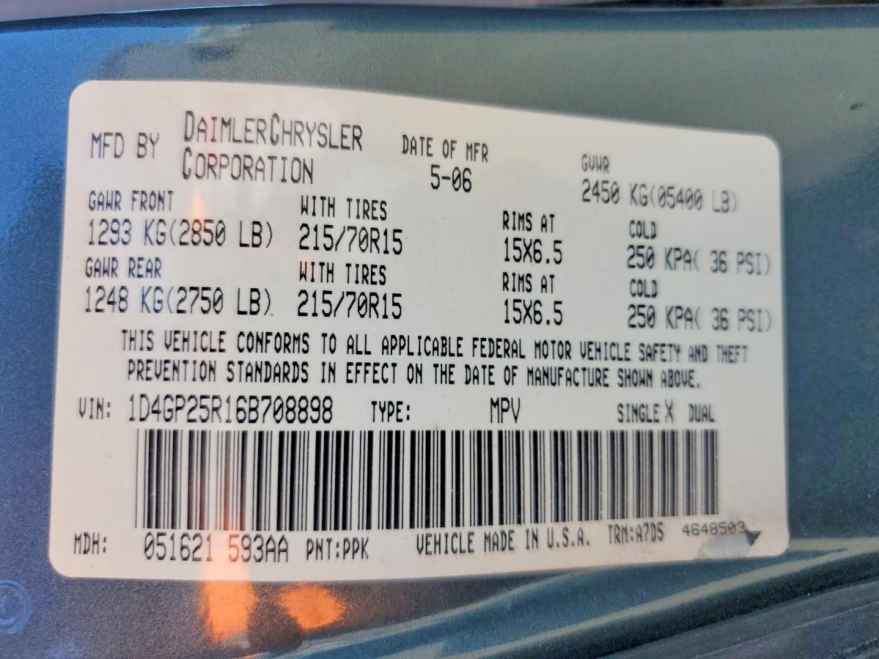 2006 Dodge Caravan Se Blue vin: 1D4GP25R16B708898