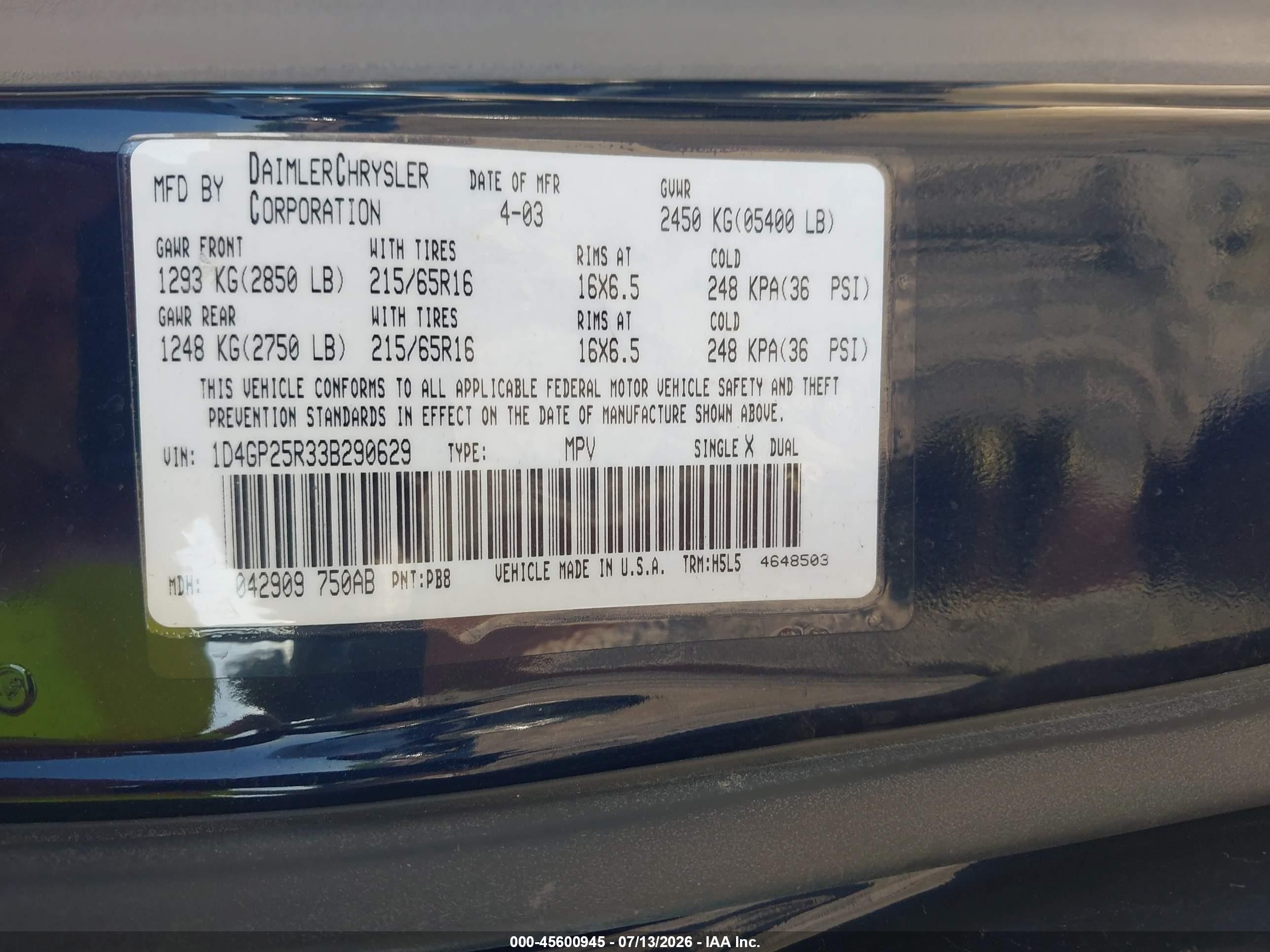 2003 Dodge Caravan Se Blue vin: 1D4GP25R33B290629