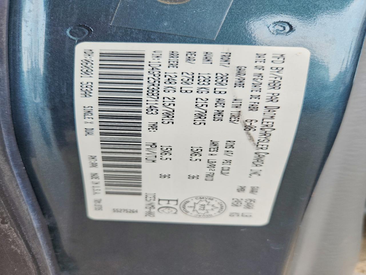 2006 Dodge Caravan Se Teal vin: 1D4GP25R36B711463